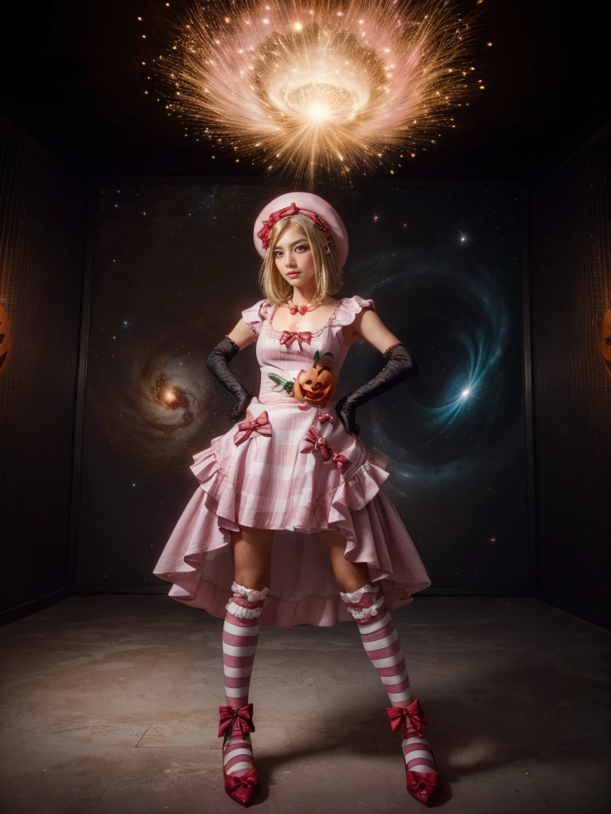 (1 lady), The beautiful, (Best quality at best:1.4), (ultra - detailed), (extremely detailed CG unified 16k), gold blonde hair, very detailed, High-definition RAW color photo, professional photoshooting, amazing face and eyes, cosmetics, (amazingly beautiful girl), ((lambdadelta, taller, tall woman)), ((dress, shoes bow, red shoes, striped stockings, red bow, pink hat, necklace, gloves, pearl, pumpkin brooch, pink dress)), standing, fashion posture, (She's levitating in a cosmic sea superdimension, extremely detailed, detailed background, milky way, quantum hyperspace room lacking walls, hyperspace chamber), (look from down), realistic cinematic face, head to feet long wide zoomed out view, full body long view, photorealistic, ((realistic natural blonde hair style, red eyes)), gorgeous, extremely beautiful face, perfect model beauty, ???????? smile, (mystical stare, looking eternity), (masterpiece), best quality, high resolution, depth of field, cinematic lighting, amazing legs, high heels, clear and well-cared skin