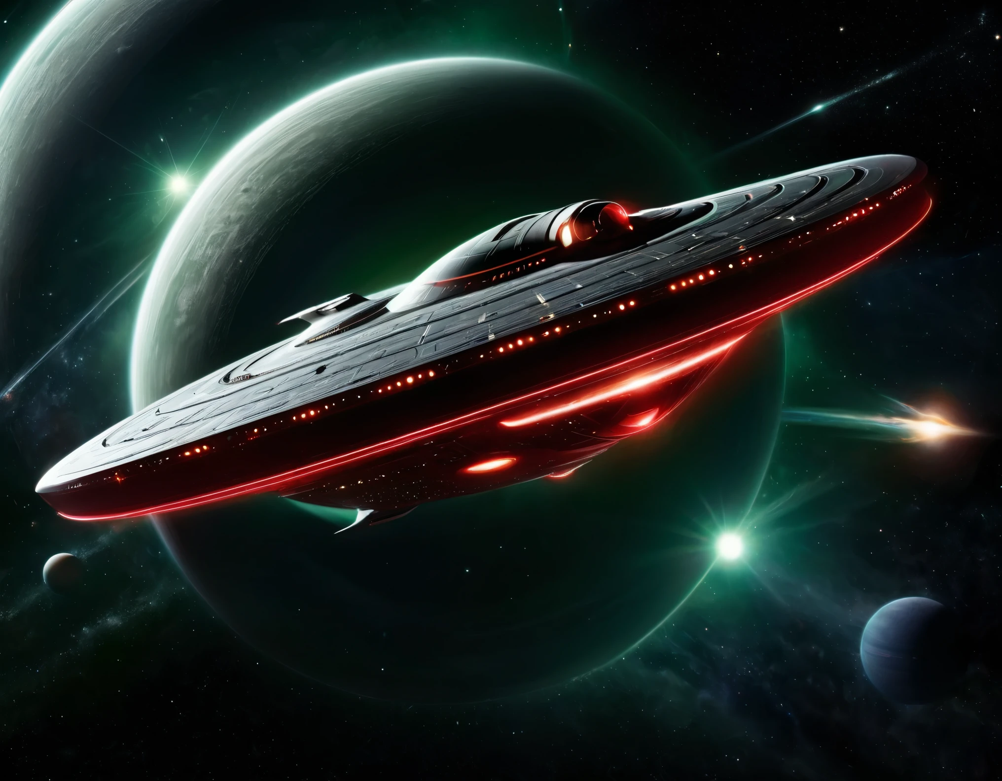 A sleek, futuristic starship soaring through the vastness of space with a background transitioning from dark green to red, dotted with stars. The ship has a large, circular saucer section, elongated body, and nacelles extending outward. Its metallic surface is detailed with intricate paneling and vibrant lights, showcasing advanced space travel technology.