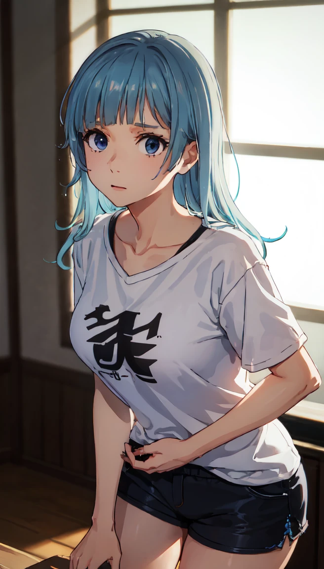 photorealistic, (4k), depth of field, (Masterpiece), (realistic skin texture), extremely detailed, intricate, hyper detailed, professional photography, bokeh, high resolution, sharp detail, best quality, girl, long hair, aqua hair, blunt bangs, blue eyes, dynamic pose, baggy graphic tshirt, dolfine shorts, booty shorts, beautiful thighs, colarbone, indoors, (facing viewer), looking at viewers, large breasts,kasumi, miwa, kasumi miwa, hands on thighs leaning forward, downblouse