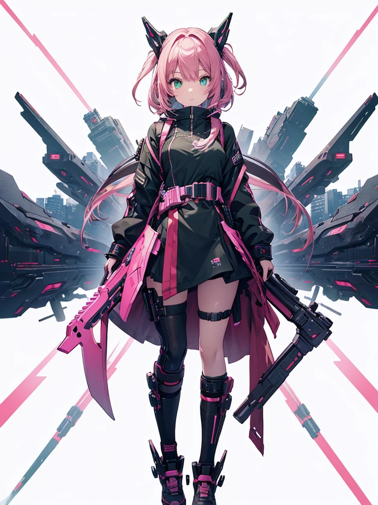 (Tabletop, highest quality), Super detailed, Anime Style, whole body, Cyberpunk Girl, Gripping a high-tech rifle, Pink Hair, Glowing green eyes, Wearing a magical girl costume , 8K High Resolution, Trend Art Station, White Background, Standing in the Wilderness, whole body,