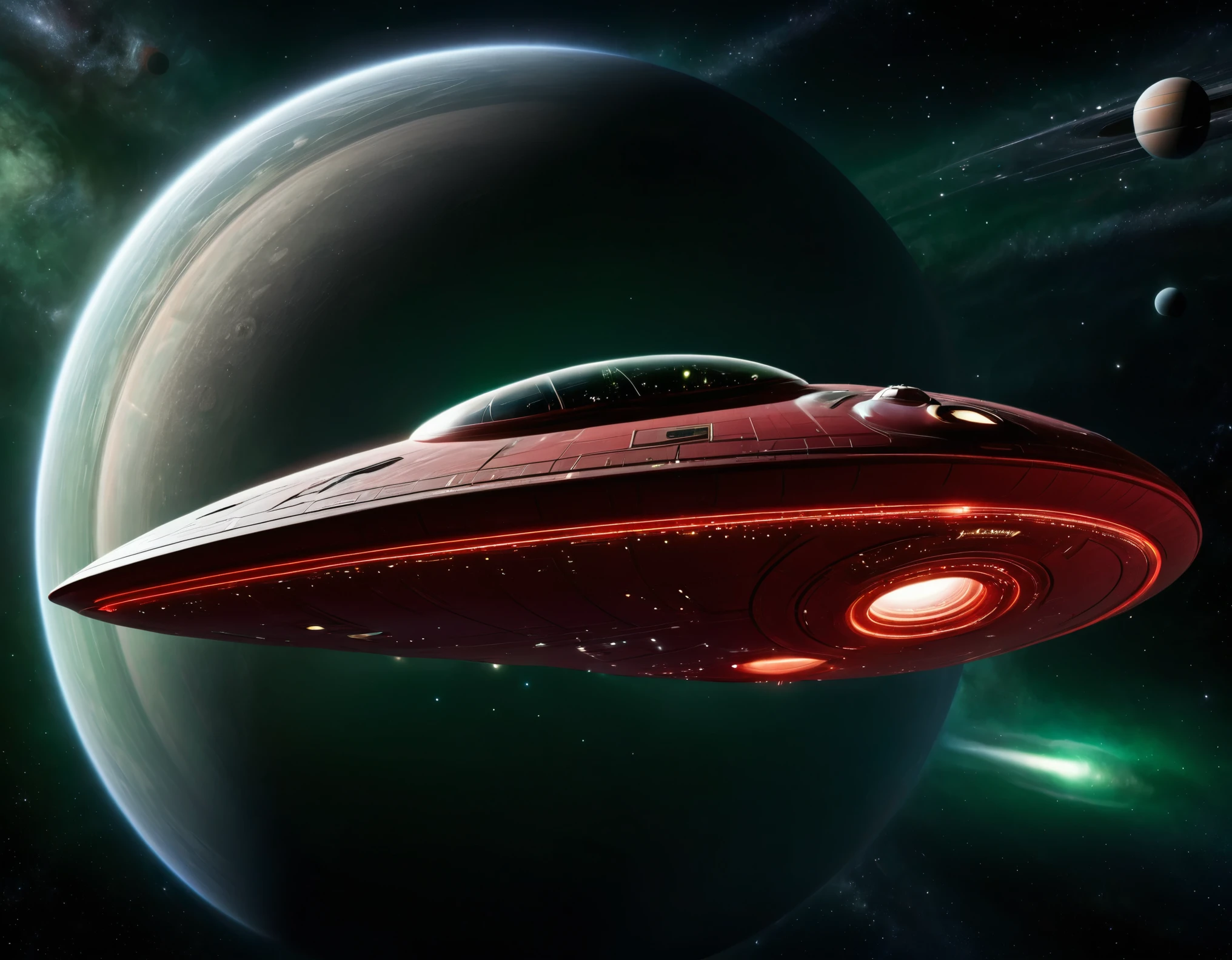 A sleek, futuristic starship soaring through the vastness of space with a background transitioning from dark green to red, dotted with stars. The ship has a large, circular saucer section, elongated body, and nacelles extending outward. Its metallic surface is detailed with intricate paneling and vibrant lights, showcasing advanced space travel technology.