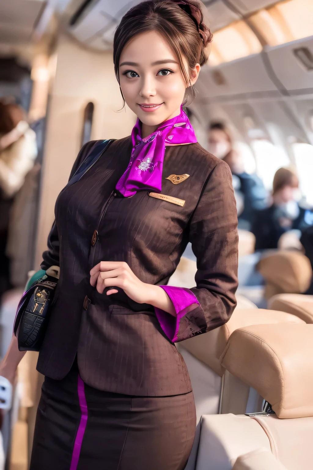 (masterpiece:1.2、highest quality:1.2)、32K HDR、High resolution、(alone、1 girl、Slim figure)、（A realistic reproduction of the ETIHAD Airways Cabincrew Uniform）、 (On board, Professional Lighting)、A proper woman, Beautiful Face,、（Long sleeve ETIHAD Airways Cabincrew Uniform）、（ETIHAD Airways Cabincrew Uniform skirt with purple stripe on the front）、（scarf on chest）、Big Breasts、（Long Hair Up、Hair Bun）、Dark brown hair、Long Shot、（（Great hands：2.0））、（（Harmonious body proportions：1.5））、（（Normal limbs：2.0））、（（Normal finger：2.0））、（（Delicate eyes：2.0））、（（Normal eyes：2.0））)、Beautiful standing posture、smile