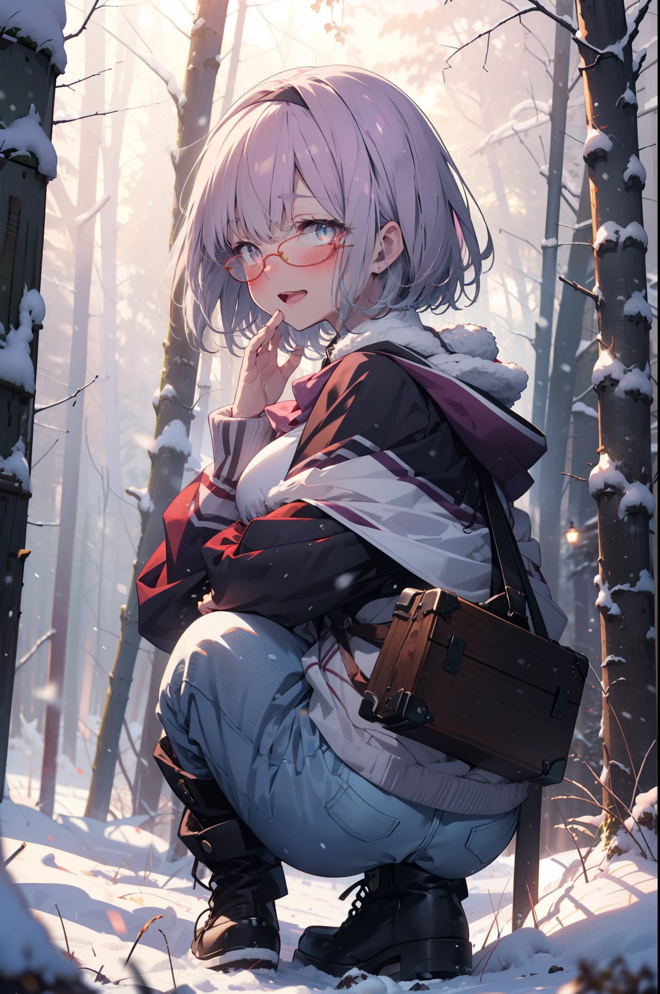 akaneshinjou, shinjou akane, Light purple hair, (Pink Eyes:1.2), short hair,Akagi Glasses,hair band,smile,blush,White Breath,Big Breasts,
Open your mouth,snow,Ground bonfire, Outdoor, boots, snowing, From the side, wood, suitcase, Cape, Blurred, , forest, White handbag, nature,  Squat, Mouth closed, Cape, winter, Written boundary depth, Black shoes, red Cape break looking at viewer, Upper Body, whole body, break Outdoor, forest, nature, break (masterpiece:1.2), highest quality, High resolution, unity 8k wallpaper, (shape:0.8), (Beautiful and beautiful eyes:1.6), Highly detailed face, Perfect lighting, Highly detailed CG, (Perfect hands, Perfect Anatomy),