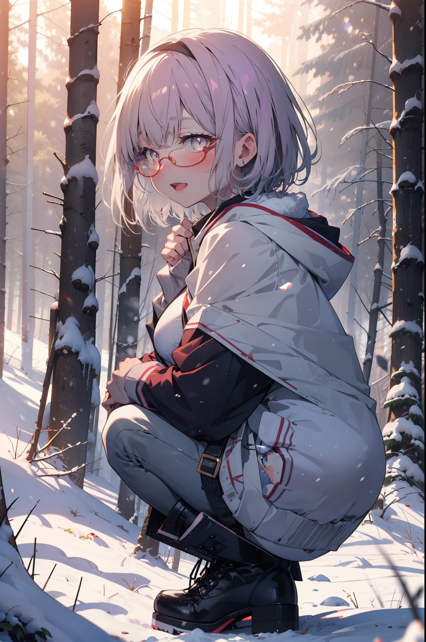 akaneshinjou, shinjou akane, Light purple hair, (Pink Eyes:1.2), short hair,Akagi Glasses,hair band,smile,blush,White Breath,Big Breasts,
Open your mouth,snow,Ground bonfire, Outdoor, boots, snowing, From the side, wood, suitcase, Cape, Blurred, , forest, White handbag, nature,  Squat, Mouth closed, Cape, winter, Written boundary depth, Black shoes, red Cape break looking at viewer, Upper Body, whole body, break Outdoor, forest, nature, break (masterpiece:1.2), highest quality, High resolution, unity 8k wallpaper, (shape:0.8), (Beautiful and beautiful eyes:1.6), Highly detailed face, Perfect lighting, Highly detailed CG, (Perfect hands, Perfect Anatomy),