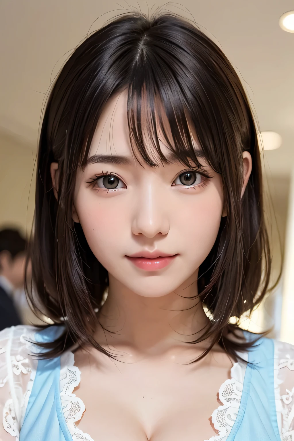 brightexpression、photorealistic stick:1.32、highest quality、超A high resolution、Photos of the most beautiful Japan girls、cute and beautiful face details、small face、(Pueros face_V1:0.008)、Beautiful bangs、s old、Brilliant white skin、hair gets tangled in face、Bangs that reach down to the face、bangs、hair between eyes、super long hair、charming brown silky hair、bright、Clear light blue eyes shine charmingly、ample breasts、Dynamic poses highest quality、disorganized、((the cutest girl in the world))、Japanese、14 yearの子、Cafe、((lace dress:1.3))、(half up hair:1.3)、(tie with a thin ribbon)、nice and cute、innocent smile、nice smile、cleavage、(big breasts:1.3)、ponytail、brown hair、thin waist、detailed beautiful eyes、face forward、Upper body、close up of face、Front view、
