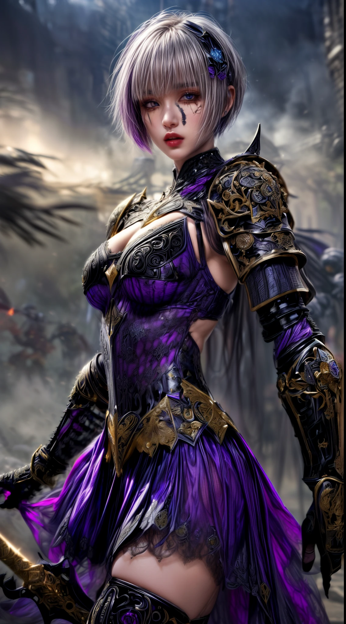 Very beautiful woman、Slender women、(Detailed face)、Realistic Skin、((Dark Knight)), (Dark purple:1.2)、((((Black armor with very fine and intricate decoration:1.5))))、((Delicate photo)),(Girl Astepeace RAW Photo Details:1.25), (highest quality:1.6), (超A high resolution:1.5), (Realistic:1.75), 8K resolution, Canon EOS R5, 50mm, Absurd, Ultra-detailed,Cinema Lighting,((battlefield))、((battle))、(((Dark grey skirt with embellishments)))、Thigh-high socks、Shin Guardulticolored Hair;1.2)、(Gradient Hair:1.2)、((Light gray hair:1.2))、((light purple hair:1.2))、((Pixie Cut:1.2))、(I can see your ripped abs)、Cape、Beautiful Armor、(((Has a huge weapon)))、(In combat)、((Armor with a bizarre and ugly design))、((((Purple Mist))))、(((Leading a large group of knights:1.2)))、Purple military flag、Tarantula-inspired armor、(((Battle Scene)))、(((Purple Tarantula)))、((Dark circles under the eyes))、((eye shadow))