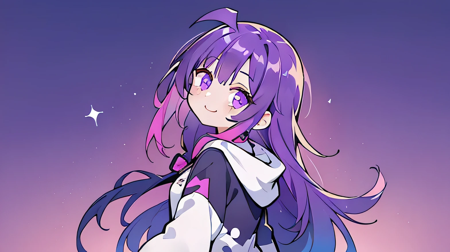 (Very bright:1.1), violet background, [1 girl:7], (head tilt:1.2),smile, violet hair, long hair,  violet Eyes, hoodie, ([sketch|watercolor \(Moderate\)]:1.15), (Inkblot:1.1), (pale:1.2), vector trace, Gradient Blending, look back, Bright colors,((colorful)), That&#39;s excellent, very detailed, Complex, (Extremely low contrast:1.4)