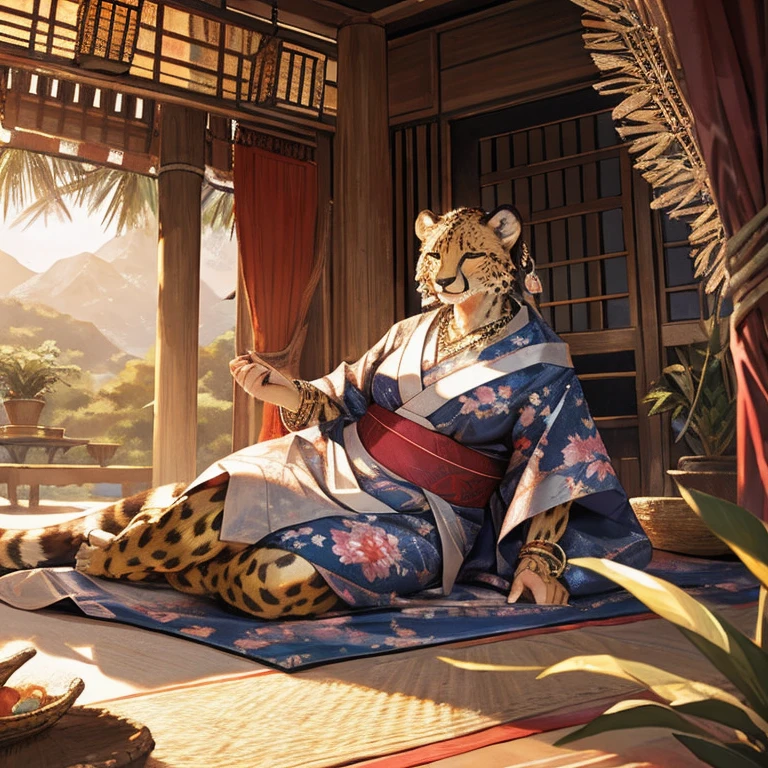 fat female cheetah, hammock, kimono, silver bracelets, silver necklace, silver earrings, detailed face, affectionate expression, detailed eyes, detailed nose, detailed lips, laying cheetah, realistic, photorealistic, ultra-detailed, 8k, best quality, masterpiece, cinematic lighting, dynamic composition, warm color palette, glowing fur, intricate patterns, flowing fabric, no hair