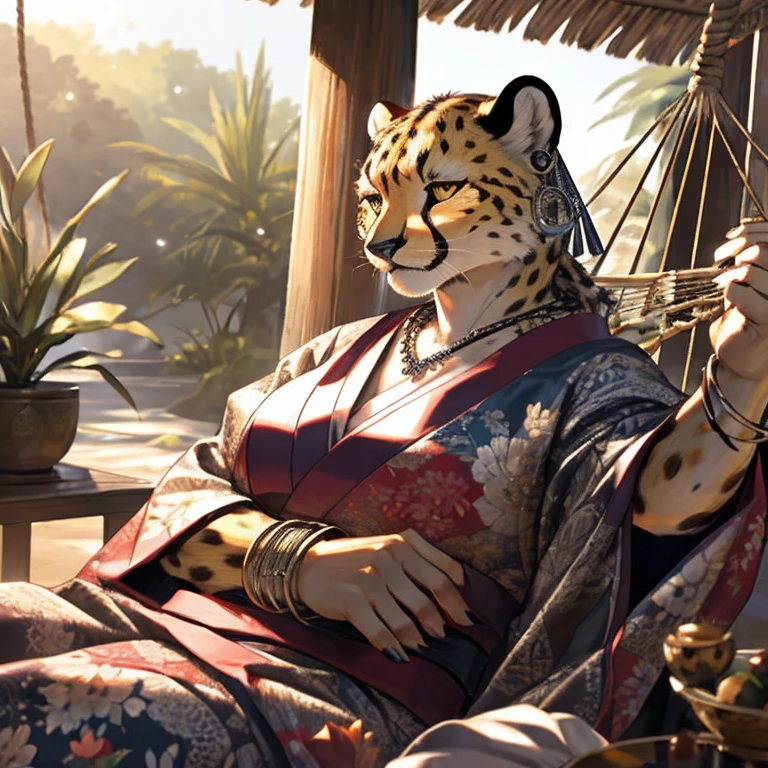 fat female cheetah, hammock, kimono, silver bracelets, silver necklace, silver earrings, detailed face, affectionate expression, detailed eyes, detailed nose, detailed lips, laying cheetah, realistic, photorealistic, ultra-detailed, 8k, best quality, masterpiece, cinematic lighting, dynamic composition, warm color palette, glowing fur, intricate patterns, flowing fabric, no hair