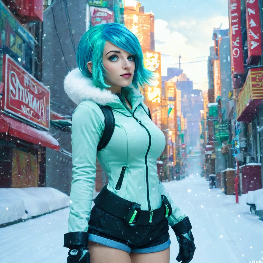 best quality,ultra high res,1girl,solo,full body,snow,city,, blue hair,green eyes,jk, titfuck futurama