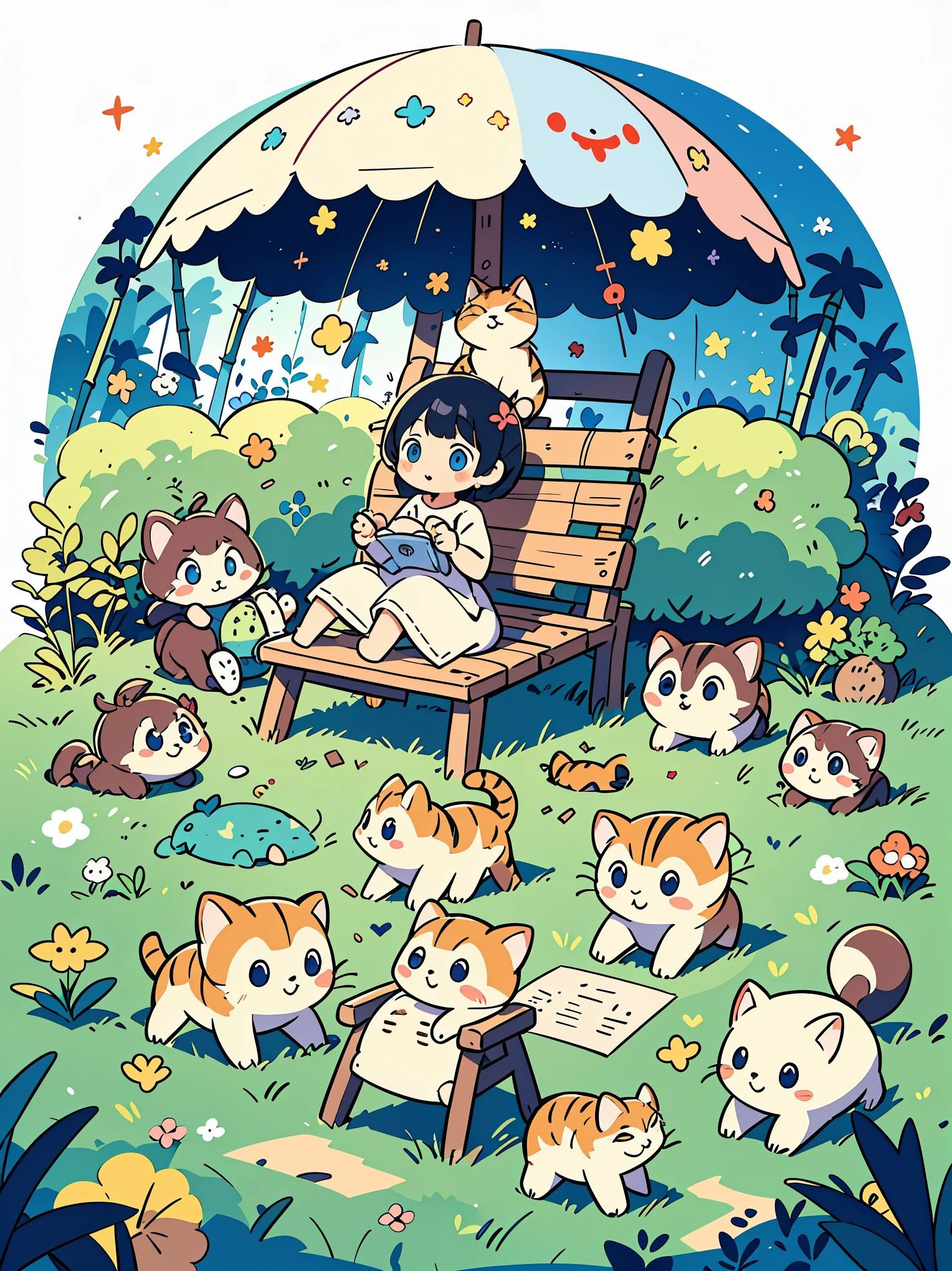 One summer night,there were stars in the sky. The old lady was lying on a bamboo chair,with a cute little cat beside her. The  girl was sitting on the grass,hand drawn style,children's illustrations,flat illustrations,masterpiece,best quality,