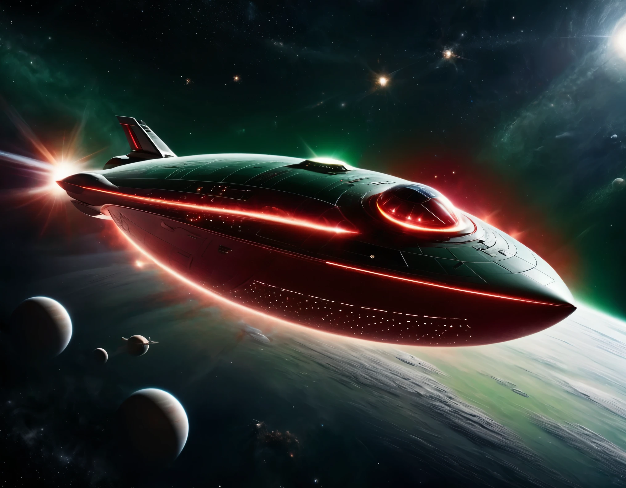 A sleek, futuristic starship soaring through the vastness of space with a background transitioning from dark green to red, dotted with stars. The ship has a large, circular saucer section, elongated body, and nacelles extending outward. Its metallic surface is detailed with intricate paneling and vibrant lights, showcasing advanced space travel technology.