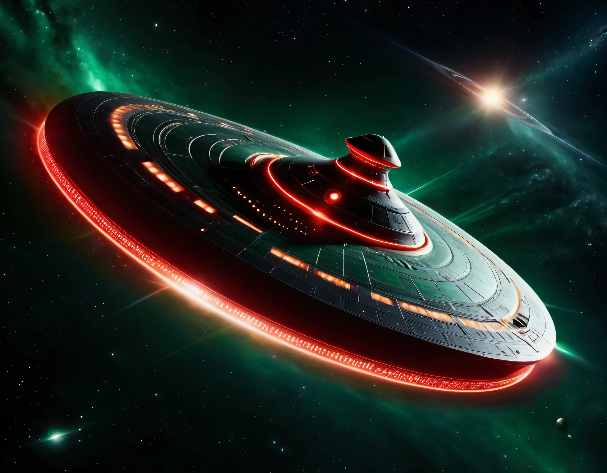 A sleek, futuristic starship soaring through the vastness of space with a background transitioning from dark green to red, dotted with stars. The ship has a large, circular saucer section, elongated body, and nacelles extending outward. Its metallic surface is detailed with intricate paneling and vibrant lights, showcasing advanced space travel technology.