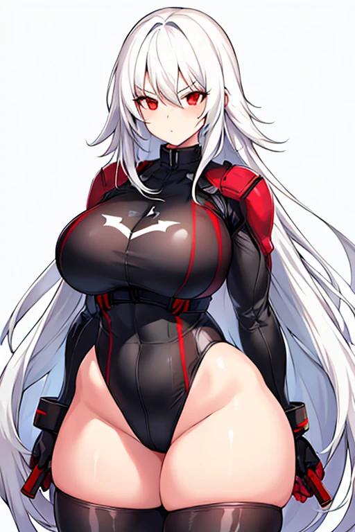1girl, white hair, long hair, red eyes, serious, glowing eyes, large breasts, thick thighs, mature female, athletic female, toned, leotard, black leotard, thighhighs, belt, knife