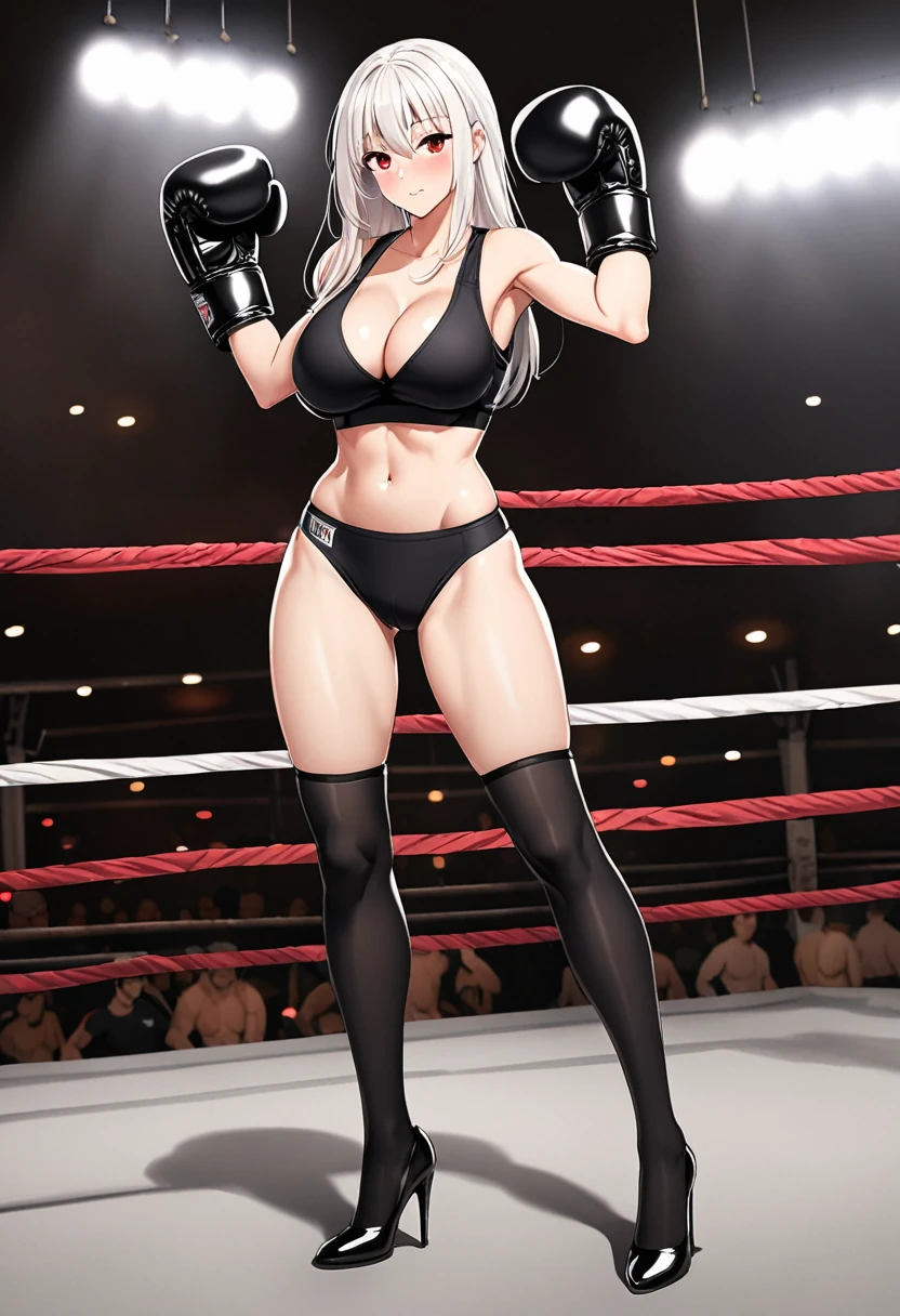 high quality,Mature beauty,White straight hair,Red Eyes,shy,blush,Wear sports bras,Black stockings,High heel,Wearing boxing gloves,Cleavage,Large Breasts,Camel toe,Long legs,Thin waist,Vest line,Absolute Domain,,Sexy pose