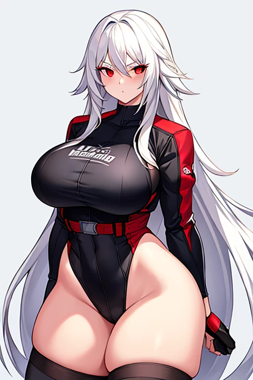 1girl, white hair, long hair, red eyes, serious, glowing eyes, large breasts, thick thighs, mature female, athletic  female, toned, leotard, black leotard, thighhighs, belt, knife