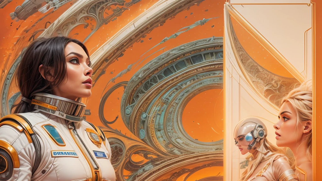 arafed image of a white woman in a futuristic suit with a spaceship in the background, movie art, in front of an orange background, inspired by Robert McGinnis, female protagonist, megastructure in the background, portrait of an ai astronaut, astronauts, an astronaut, portrait of a astronaut skeletor, perfect android girl, detailed eyes, perfectly detailed teeth, frank franzzeta and sakimichan  