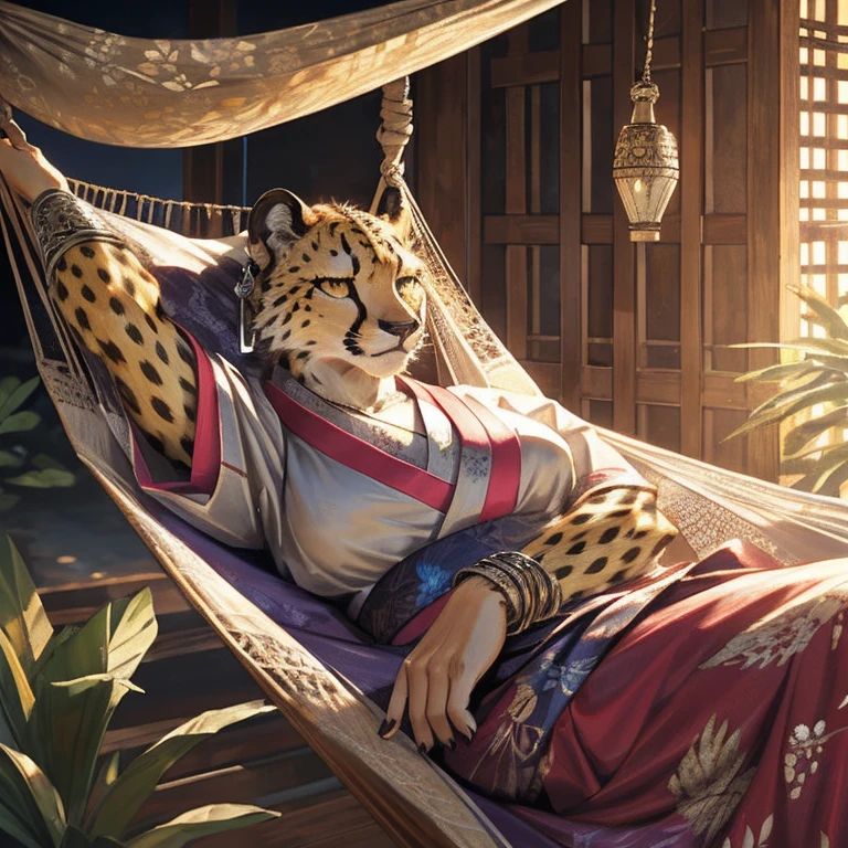 fat female cheetah, hammock, kimono, silver bracelets, silver necklace, silver earrings, detailed face, affectionate expression, detailed eyes, detailed nose, detailed lips, resting cheetah, realistic, photorealistic, ultra-detailed, 8k, best quality, masterpiece, cinematic lighting, dynamic composition, warm color palette, glowing fur, intricate patterns, flowing fabric, no hair