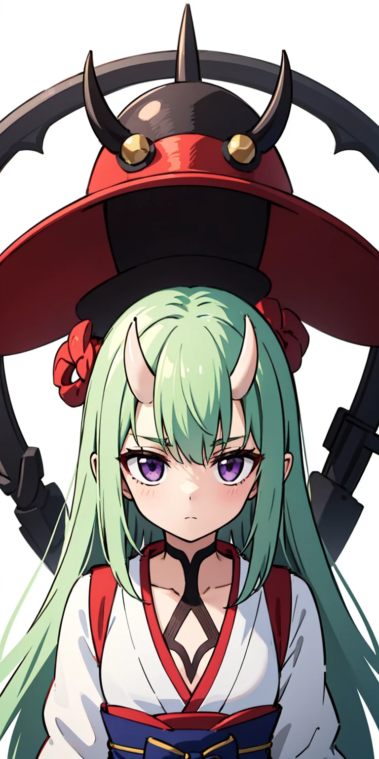 masterpiece, best quality, 4k, face close-up, portrait, 1girl, solo, beige hair, light green hair, pale green hair long hair, purple eyes, empty eyes, small breasts, (oni girl, oni horns), serious, determined, straight shot, white blouse, one piece blouse, japanese clothes, medieval fashion, standing, arms behind back, looking at viewer, white background, simple background, transparent background