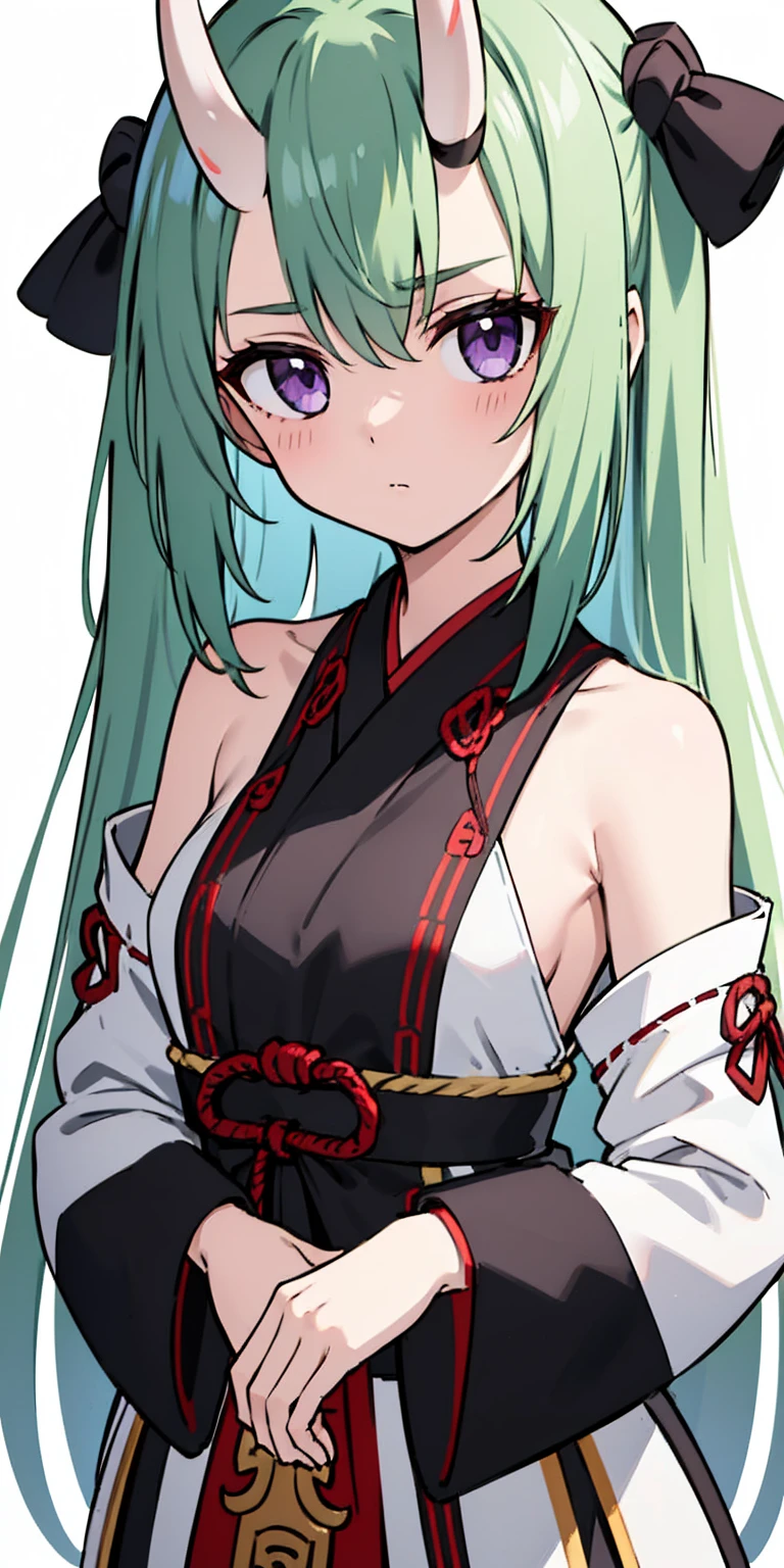masterpiece, best quality, 4k, face close-up, portrait, 1girl, solo, beige hair, light green hair, pale green hair long hair, purple eyes, empty eyes, small breasts, (oni girl, oni horns), serious, determined, straight shot, white blouse, one piece blouse, japanese clothes, medieval fashion, standing, arms behind back, looking at viewer, white background, simple background, transparent background