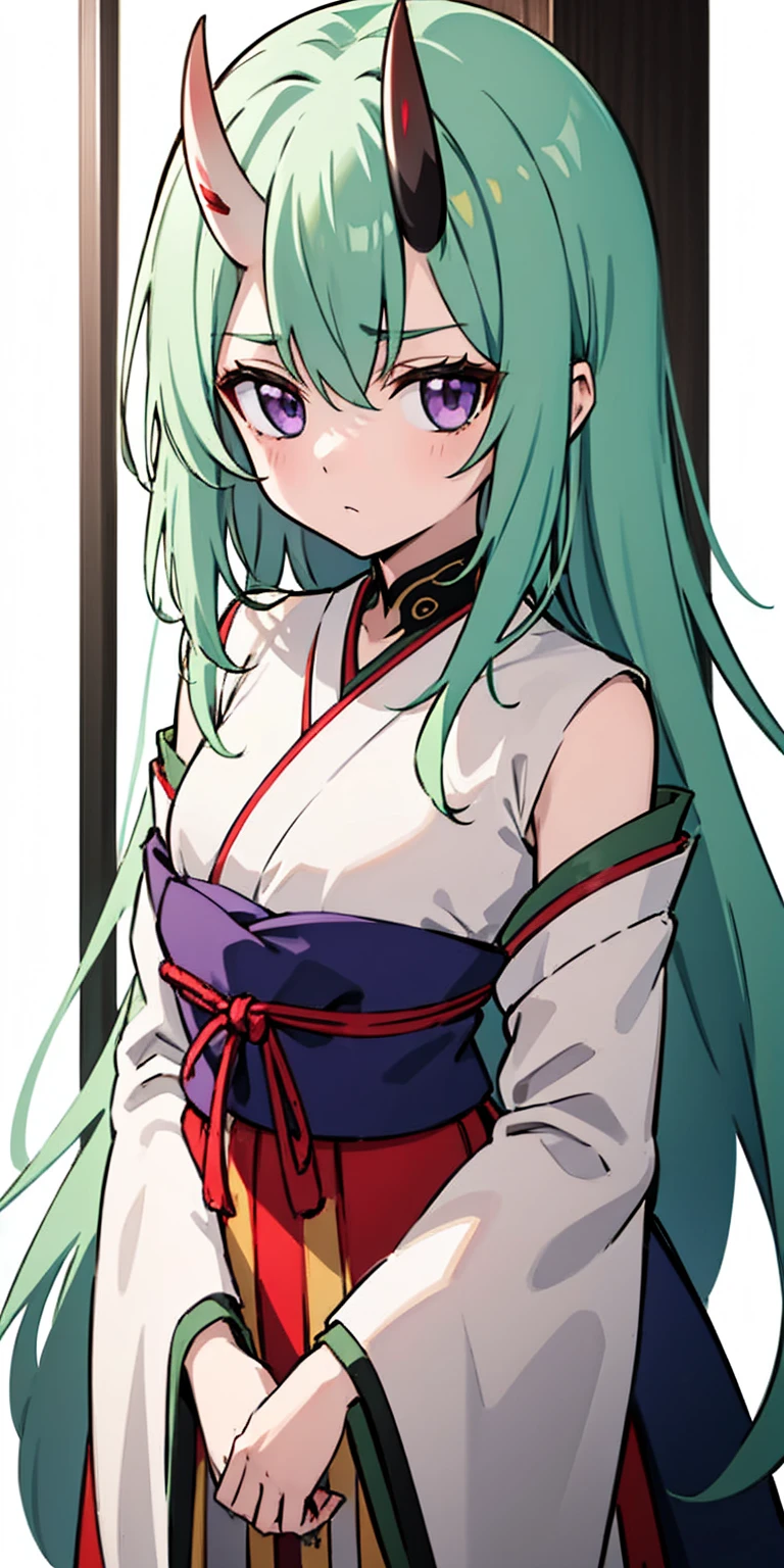 masterpiece, best quality, 4k, face close-up, portrait, 1girl, solo, beige hair, light green hair, pale green hair long hair, purple eyes, empty eyes, small breasts, (oni girl, oni horns), serious, determined, straight shot, white blouse, one piece blouse, japanese clothes, medieval fashion, standing, arms behind back, looking at viewer, white background, simple background, transparent background