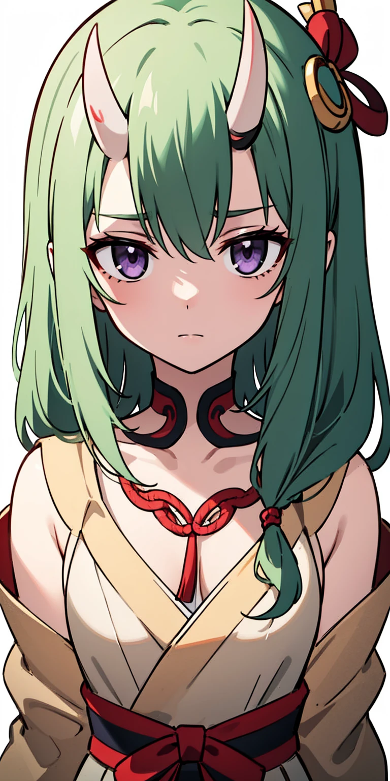 masterpiece, best quality, 4k, face close-up, portrait, 1girl, solo, beige hair, light green hair, pale green hair long hair, purple eyes, empty eyes, small breasts, (oni girl, oni horns), serious, determined, straight shot, white blouse, one piece blouse, japanese clothes, medieval fashion, standing, arms behind back, looking at viewer, white background, simple background, transparent background