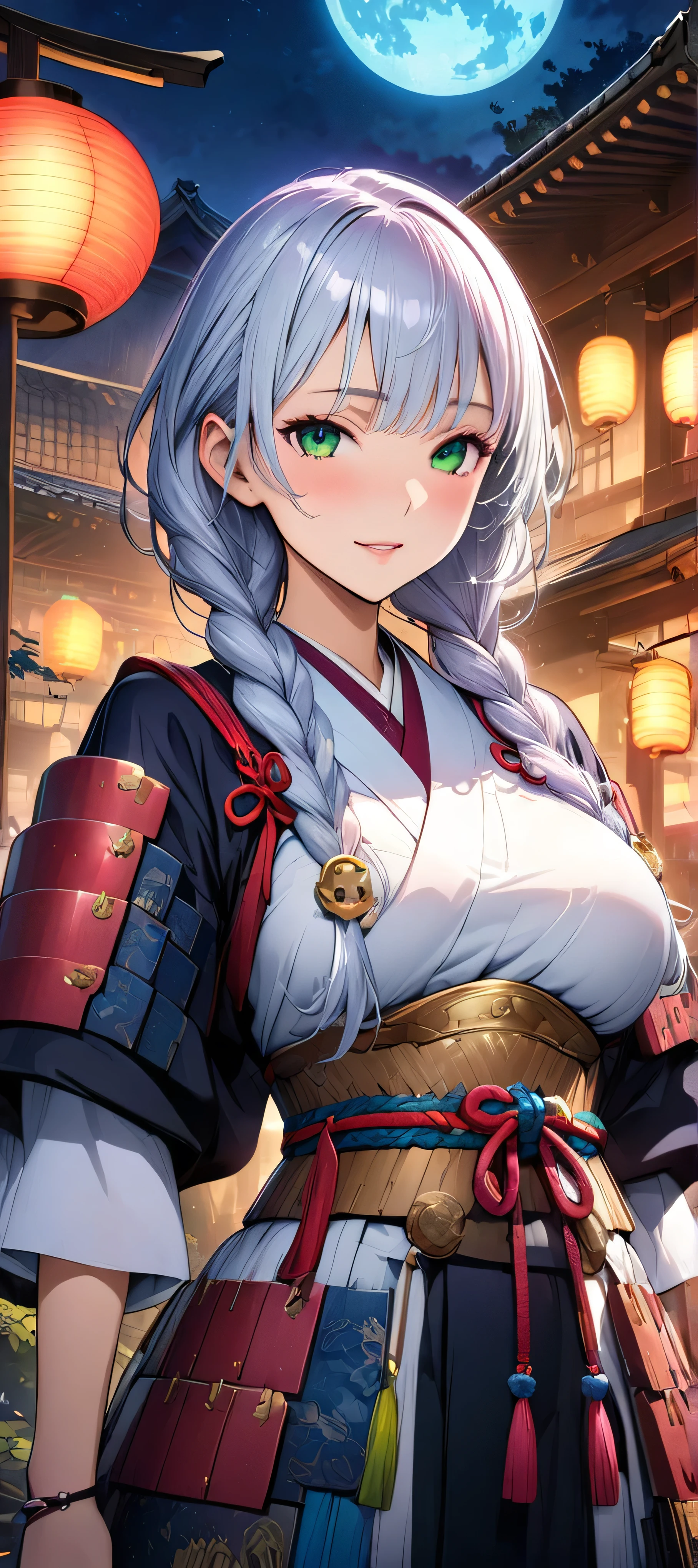 (masutepiece, of the highest quality, Best Quality, Official art, Beautiful and aesthetic:1.2), Extremely detailed,(Colorful:1.1),highest details, one arafed woman with braids white hair and pink tips and green eyes, big breast, sfw, japanese armor, night, big blue moon