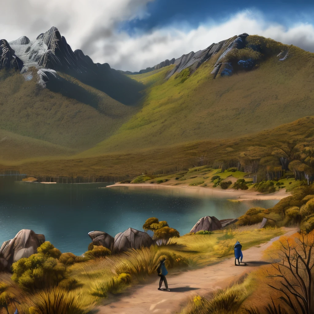 A highly detailed anime illustration, Tasmania scene, Cradle Mountain National Park, wildlife, nature, landscape, vintage, trending on artstation, UHD, (((by Quentin de Warren))):1.8, atmosphere, luminosity