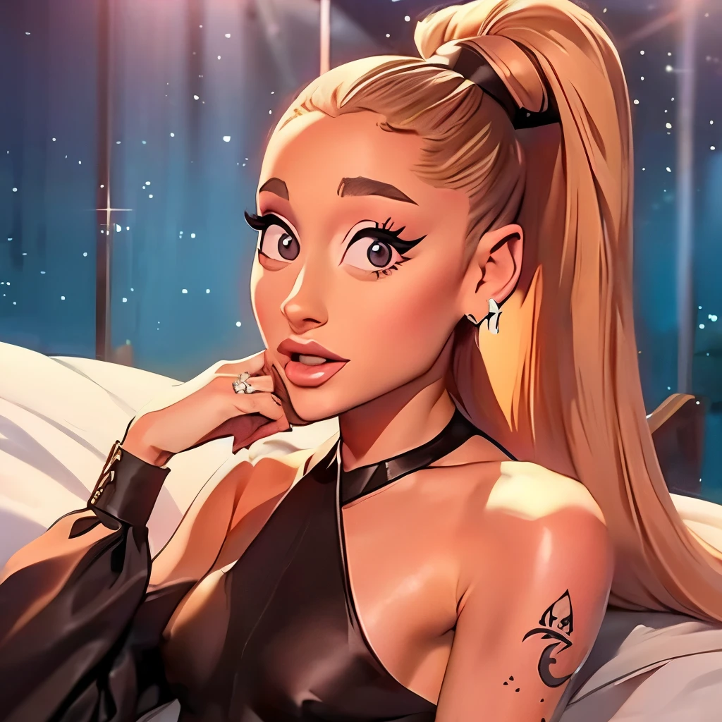 blonde woman with long hair lying on a bed with a tattoo on her arm, ariana grande, fotografia de ariana grande, retrato de ariana grande, ariana grande em guerra nas estrelas, ariana grande como uma sereia, solo photoshoot, ariana grande como sith, her hair is tied in a ponytail, glossy magazine photoshoot, pintura de ariana grande, pintura de retrato de ariana grande, photoshoot