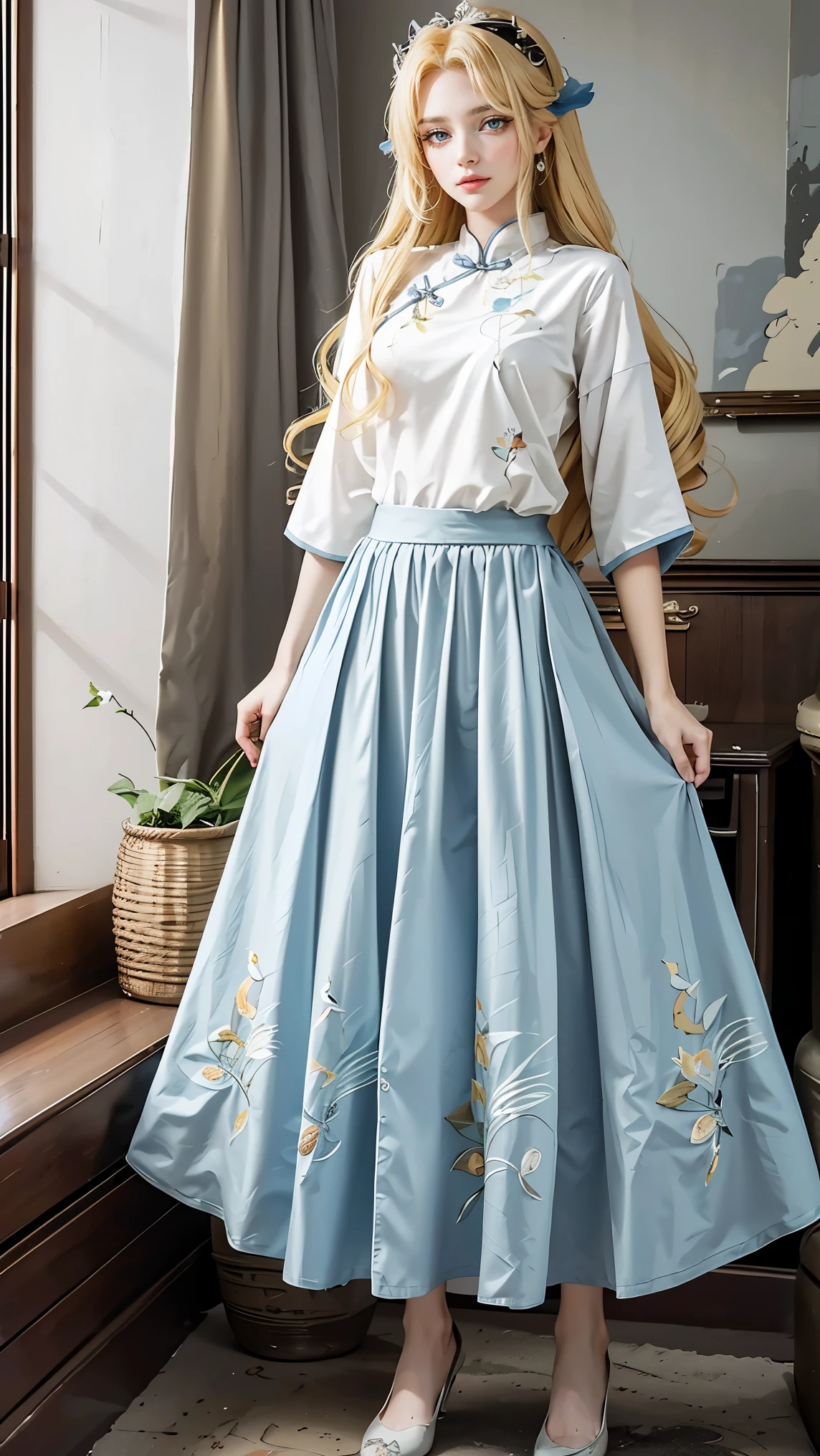 Best quality, masterpiece, ultra high res, raw photo, beautiful and aesthetic, deep shadow, fairy theme,(ultra detailed:1.3),
1girl, standing pose, headdress, drill hair, long hair, blonde hair, gradient hair, yellow eyes, solo, huge breasts, big hair, blue hair, divine goddess, looking at viewer, indoors, modern bedroom, room full of curtain, astraea, full body, red chinese upshirt, birds printed chinese upshirt, white long skirt, birds printed long skirt