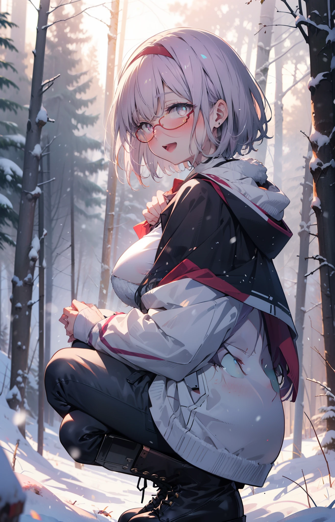 akaneshinjou, shinjou akane, Light purple hair, (Pink Eyes:1.2), short hair,Akagi Glasses,hair band,smile,blush,White Breath,Big Breasts,
Open your mouth,snow,Ground bonfire, Outdoor, boots, snowing, From the side, wood, suitcase, Cape, Blurred, , forest, White handbag, nature,  Squat, Mouth closed, Cape, winter, Written boundary depth, Black shoes, red Cape break looking at viewer, Upper Body, whole body, break Outdoor, forest, nature, break (masterpiece:1.2), highest quality, High resolution, unity 8k wallpaper, (shape:0.8), (Beautiful and beautiful eyes:1.6), Highly detailed face, Perfect lighting, Highly detailed CG, (Perfect hands, Perfect Anatomy),