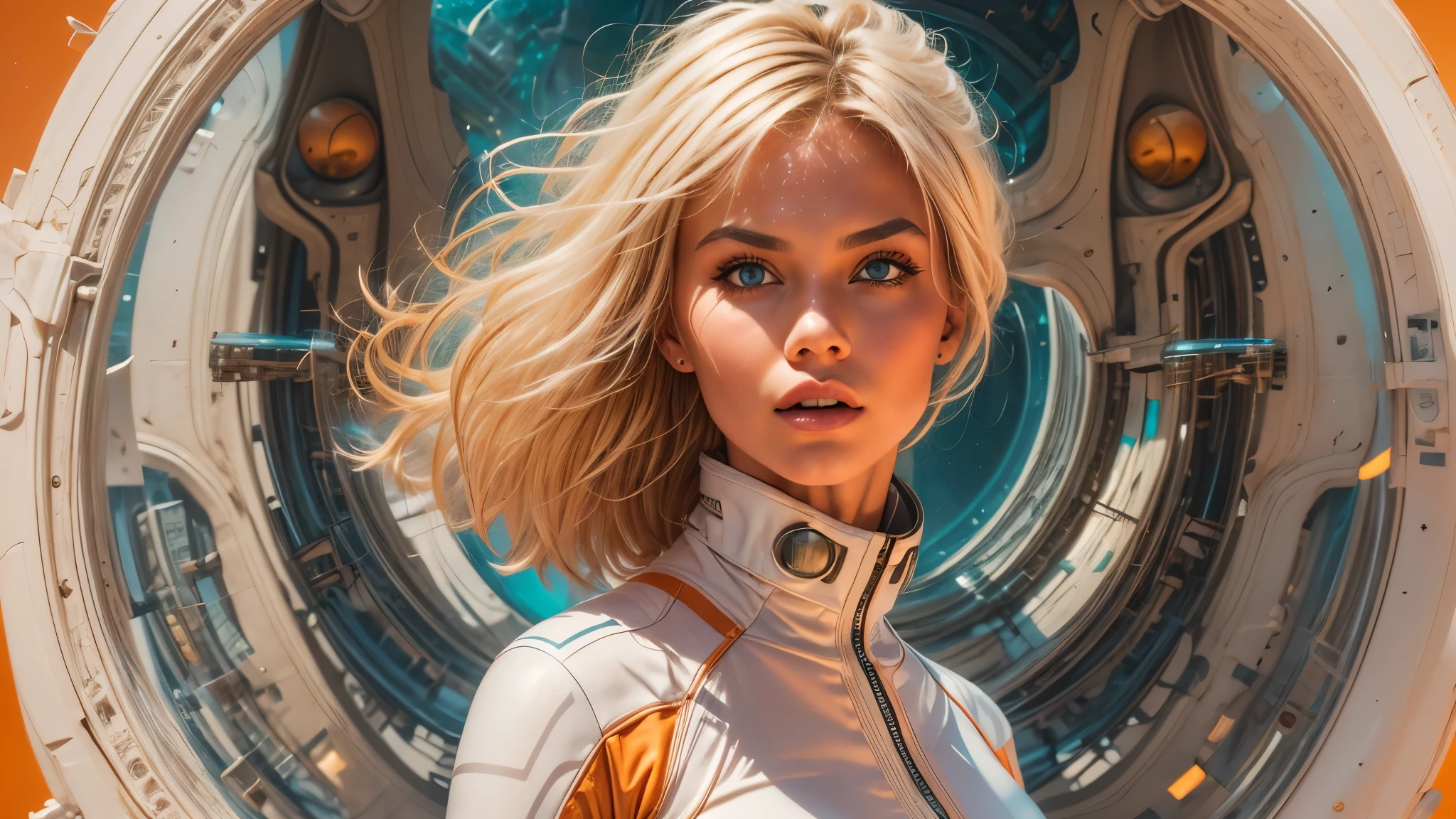 arafed image of a white woman in a futuristic suit with a spaceship in the background, movie art, in front of an orange background, inspired by Robert McGinnis, female protagonist, megastructure in the background, portrait of an ai astronaut, astronauts, an astronaut, portrait of a astronaut skeletor, perfect android girl, detailed eyes, perfectly detailed teeth, frank franzzeta and sakimichan