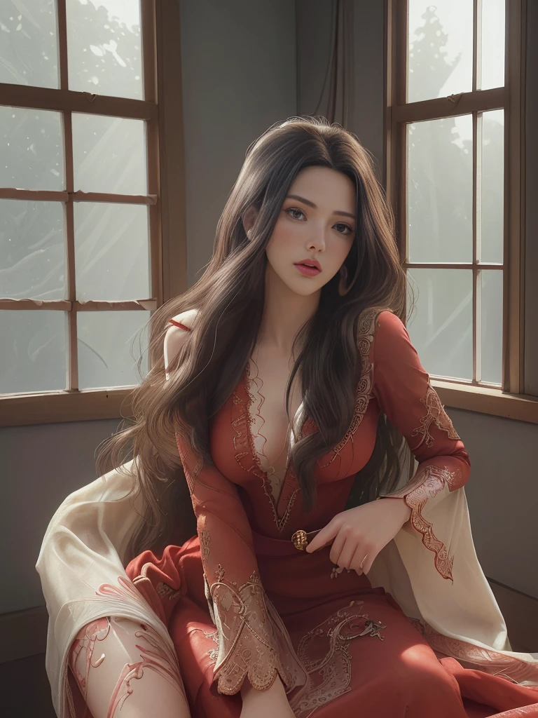 1girl, red dress, beautiful detailed eyes, beautiful detailed lips, extremely detailed face and features, long eyelashes, elegant, graceful, confident, serene expression, intricate detailed dress, flowing fabric, sunlight streaming through window, soft natural lighting, cinematic composition, warm color palette, photorealistic, 8k, highest quality, detailed textures, masterpiece