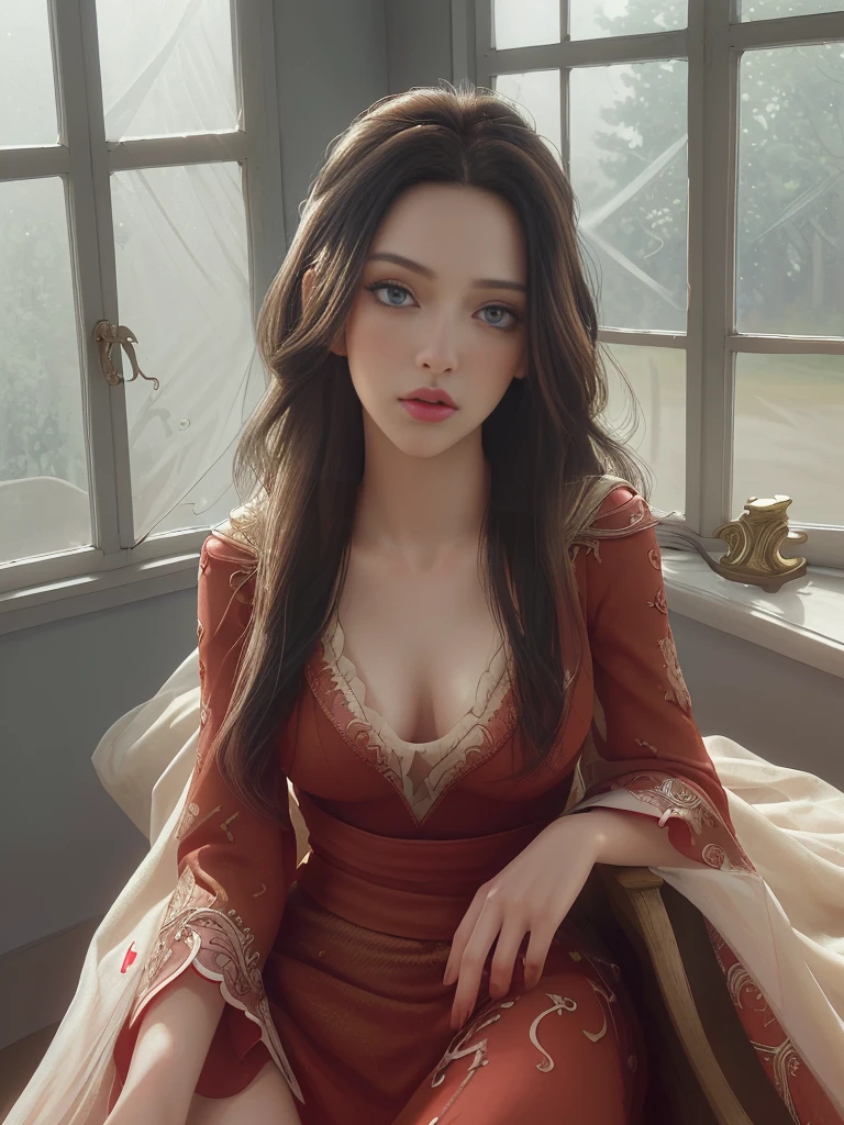 1girl, red dress, beautiful detailed eyes, beautiful detailed lips, extremely detailed face and features, long eyelashes, elegant, graceful, confident, serene expression, intricate detailed dress, flowing fabric, sunlight streaming through window, soft natural lighting, cinematic composition, warm color palette, photorealistic, 8k, highest quality, detailed textures, masterpiece