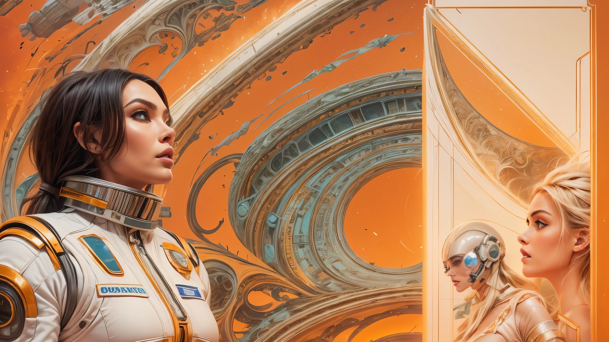 arafed image of a white woman in a futuristic suit with a spaceship in the background, movie art, in front of an orange background, inspired by Robert McGinnis, female protagonist, megastructure in the background, portrait of an ai astronaut, astronauts, an astronaut, portrait of a astronaut skeletor, perfect android girl, detailed eyes, perfectly detailed teeth, frank franzzeta and sakimichan
