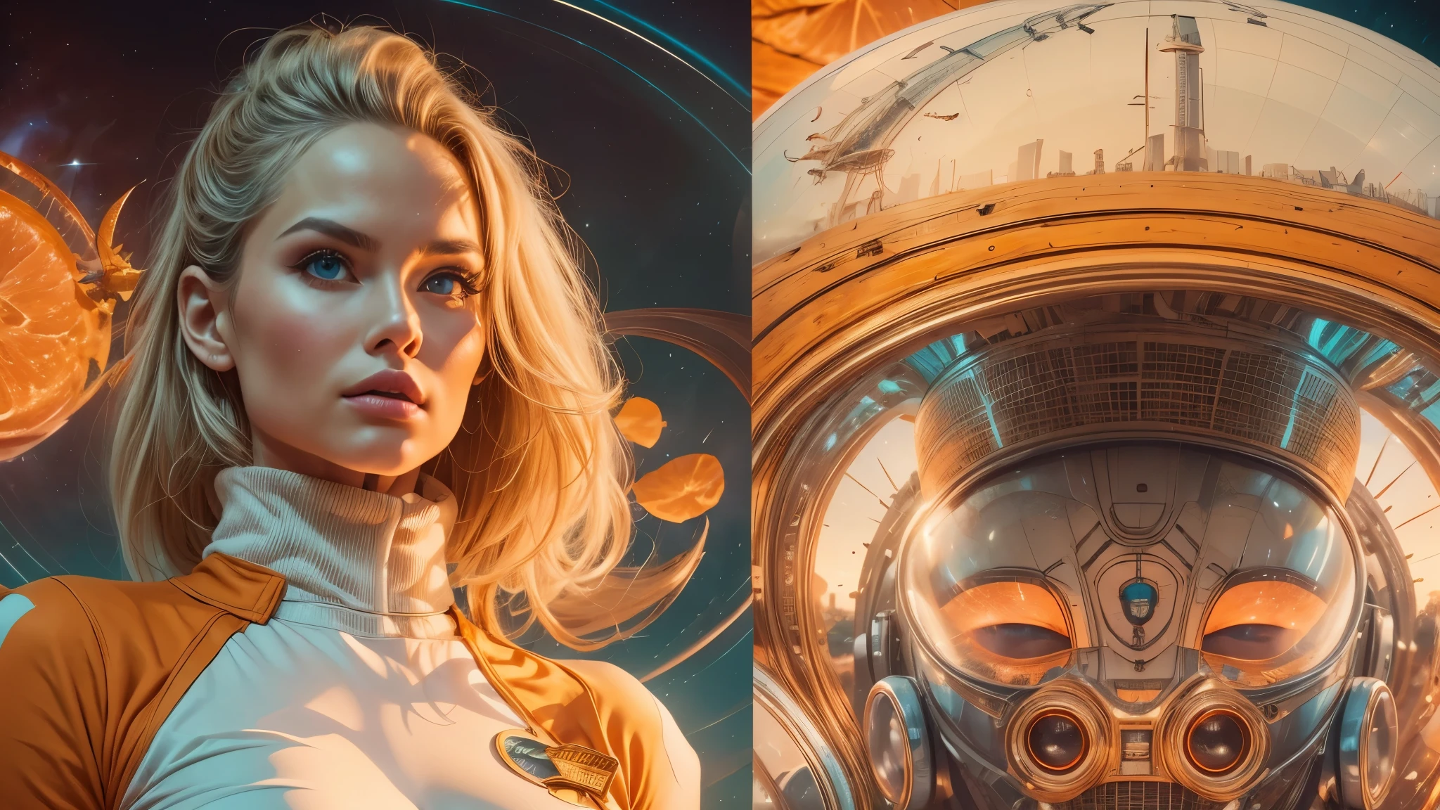 arafed image of a white woman in a futuristic suit with a spaceship in the background, movie art, in front of an orange background, inspired by Robert McGinnis, female protagonist, megastructure in the background, portrait of an ai astronaut, astronauts, an astronaut, portrait of a astronaut skeletor, perfect android girl, detailed eyes, perfectly detailed teeth, frank franzzeta and sakimichan  