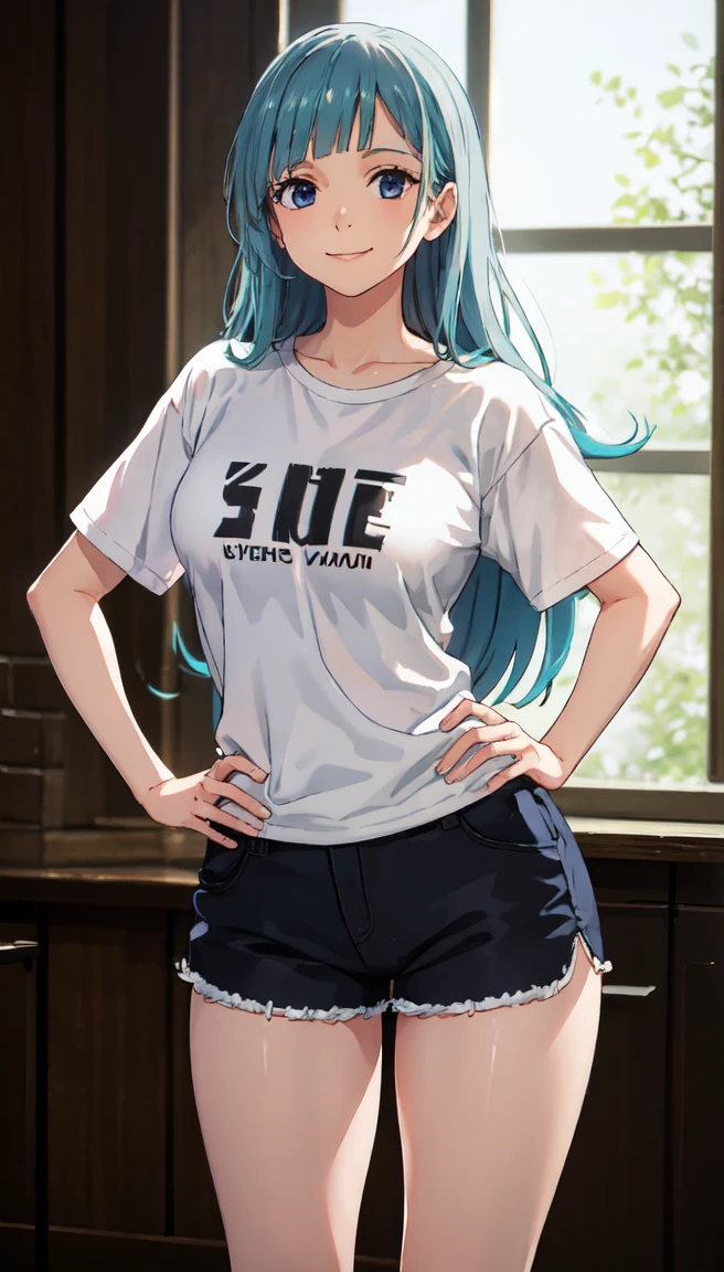 photorealistic, (4k), depth of field, (Masterpiece), (realistic skin texture), extremely detailed, intricate, hyper detailed, professional photography, bokeh, high resolution, sharp detail, best quality, girl, long hair, aqua hair, blunt bangs, blue eyes, dynamic pose, baggy graphic tshirt, dolfine shorts, booty shorts, beautiful thighs, colarbone, indoors, (facing viewer), looking at viewers, large breasts,kasumi, miwa, kasumi miwa, hands on hips leaning forward, downblouse, smiling