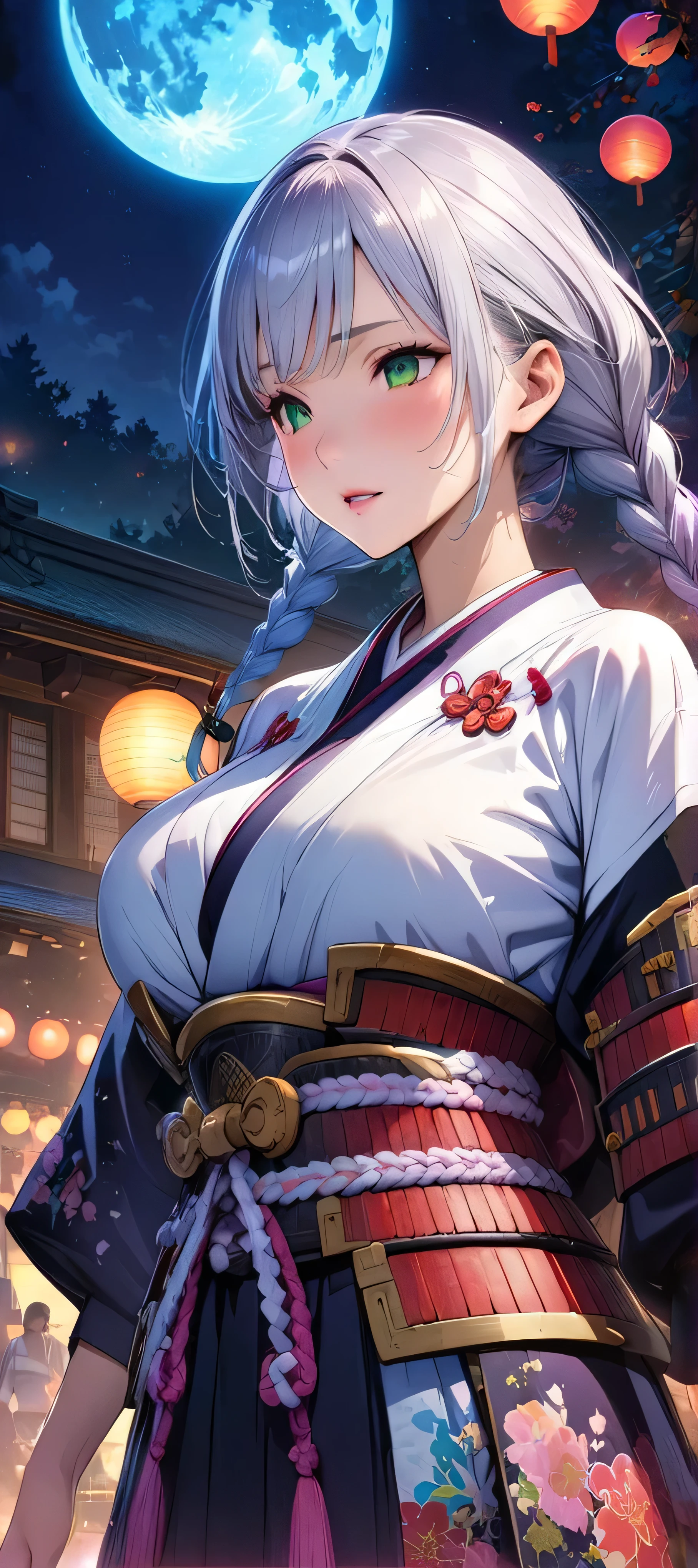 (masutepiece, of the highest quality, Best Quality, Official art, Beautiful and aesthetic:1.2), Extremely detailed,(Colorful:1.1),highest details, one arafed woman with braids white hair and pink tips and green eyes, big breast, sfw, japanese armor, night, big blue moon