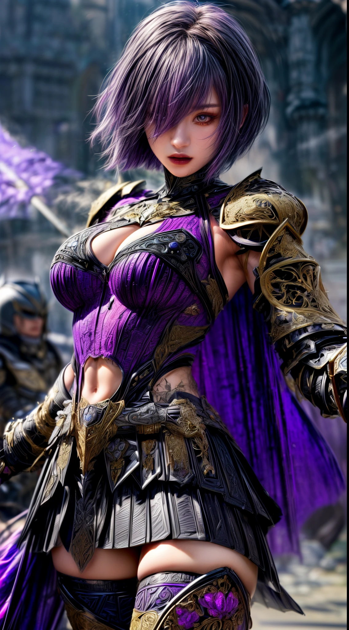Very beautiful woman、Slender women、(Detailed face)、Realistic Skin、((Dark Knight)), (Dark purple:1.2)、((((Black armor with very fine and intricate decoration:1.5))))、((Delicate photo)),(Girl Astepeace RAW Photo Details:1.25), (highest quality:1.6), (超A high resolution:1.5), (Realistic:1.75), 8K resolution, Canon EOS R5, 50mm, Absurd, Ultra-detailed,Cinema Lighting,((battlefield))、((battle))、(((Dark grey skirt with embellishments)))、Thigh-high socks、Shin Guardulticolored Hair;1.2)、(Gradient Hair:1.2)、((Light gray hair:1.2))、((light purple hair:1.2))、((Pixie Cut:1.2))、(I can see your ripped abs)、Cape、Beautiful Armor、(((Has a huge weapon)))、(In combat)、((Armor with a bizarre and ugly design:1.5))、((((Purple Mist))))、(((Leading a large group of knights:1.2)))、Purple military flag、Tarantula-inspired armor、(((Battle Scene)))、(((Purple Tarantula)))、((Dark circles under the eyes))、((eye shadow))、Black Lip