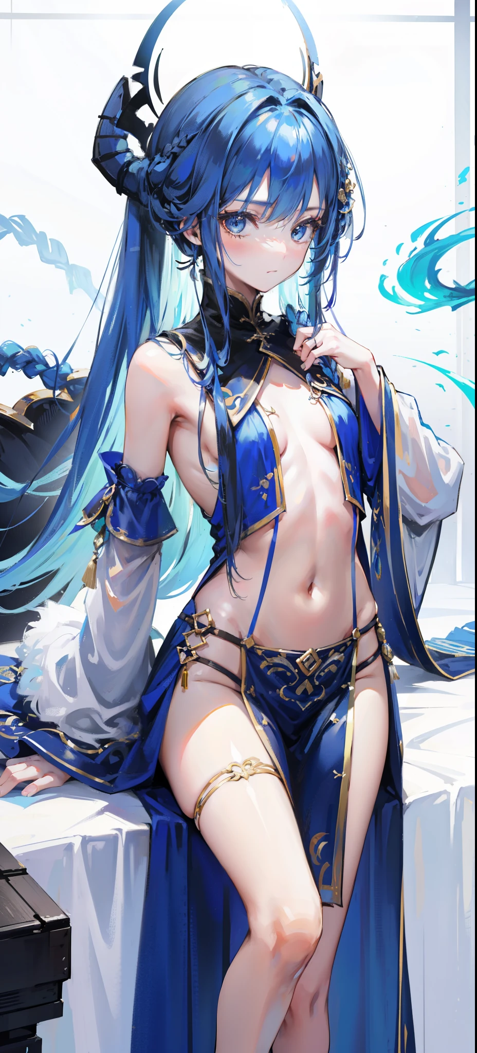 Blue long hair,Scorpion-tailed braids,Put on the clothes of the little dance of Douluo Continent,Is a beautiful and sweet girl Koser,(whole body)