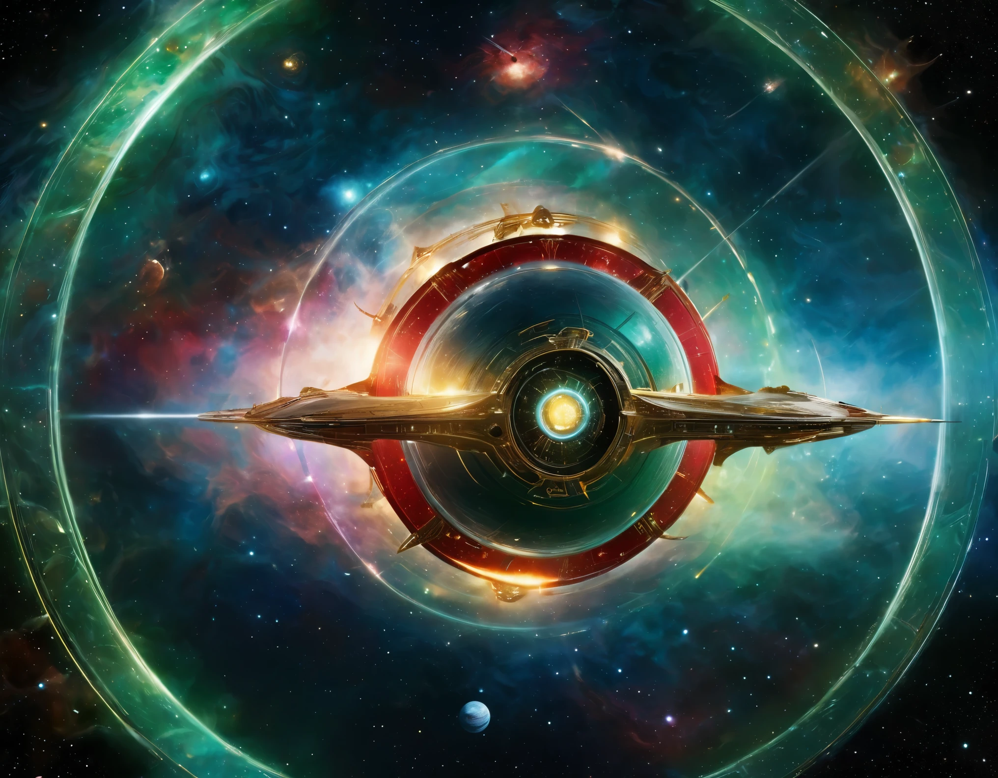 A high-tech starship navigating through a colorful cosmic expanse, featuring a gradient backdrop from green to red with scattered stars. The ship’s design includes a large circular front section, an extended body, and external nacelles, all highlighted by metallic textures and intricate details.