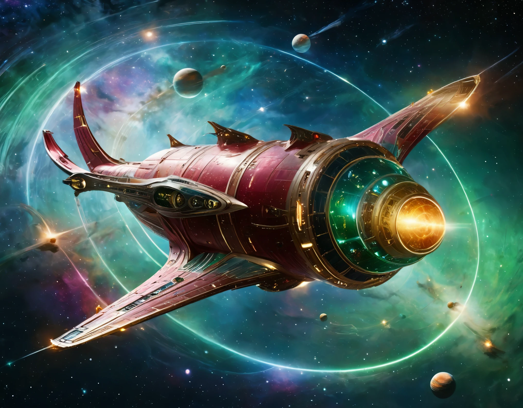 A high-tech starship navigating through a colorful cosmic expanse, featuring a gradient backdrop from green to red with scattered stars. The ship’s design includes a large circular front section, an extended body, and external nacelles, all highlighted by metallic textures and intricate details.