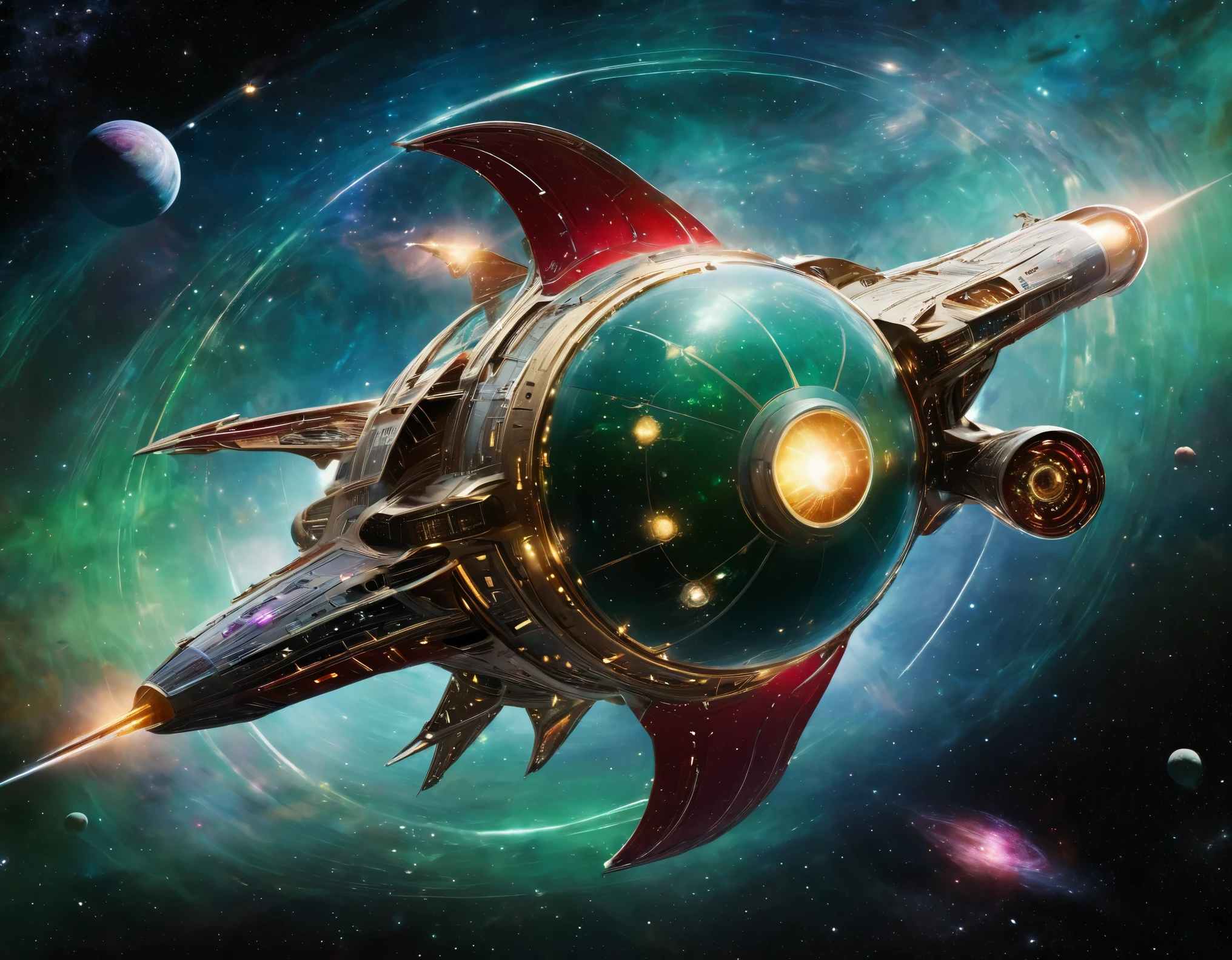 A high-tech starship navigating through a colorful cosmic expanse, featuring a gradient backdrop from green to red with scattered stars. The ship’s design includes a large circular front section, an extended body, and external nacelles, all highlighted by metallic textures and intricate details.