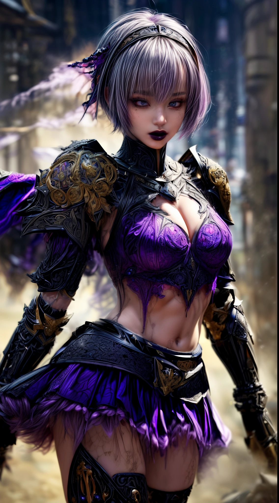 Very beautiful woman、Slender women、(Detailed face)、Grin、Realistic Skin、((Dark Knight)), (Dark purple:1.2)、((((Black armor with very fine and intricate decoration:1.5))))、((Delicate photo)),(Girl Astepeace RAW Photo Details:1.25), (highest quality:1.6), (超A high resolution:1.5), (Realistic:1.75), 8K resolution, Canon EOS R5, 50mm, Absurd, Ultra-detailed,Cinema Lighting,((battlefield))、((battle))、(((Dark grey skirt with embellishments)))、Thigh-high socks、Shin Guardulticolored Hair;1.2)、(Gradient Hair:1.2)、((Light gray hair:1.2))、((light purple hair:1.2))、((Pixie Cut:1.2))、(I can see your ripped abs)、Cape、Beautiful Armor、(((Has a huge weapon)))、(In combat)、((Armor with a bizarre and ugly design:1.5))、((((Purple Mist))))、(((Leading a large group of knights:1.2)))、Purple military flag、Tarantula-inspired armor、(((Battle Scene)))、(((Purple Tarantula)))、((Dark circles under the eyes))、((eye shadow))、((Black lip))