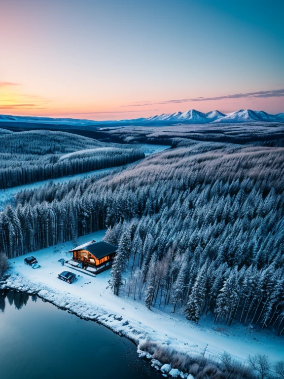 Breathtaking aerial view of a quiet winter campsite in the heart of the wilderness、Snow-covered forest and sparkling frozen lake、Peaceful camping with tents and campfires、evening、(highest quality、4k、8k、High resolution、masterpiece: 1.2)、Super detailed、(Real、Photorealistic、Photorealistic:1.37)、landscape、Wide-angle lens、Stunning aerial composition、Amazing aerial perspective、Cinematic lighting、Frosty color palette、自然のlandscape、Drone Photography