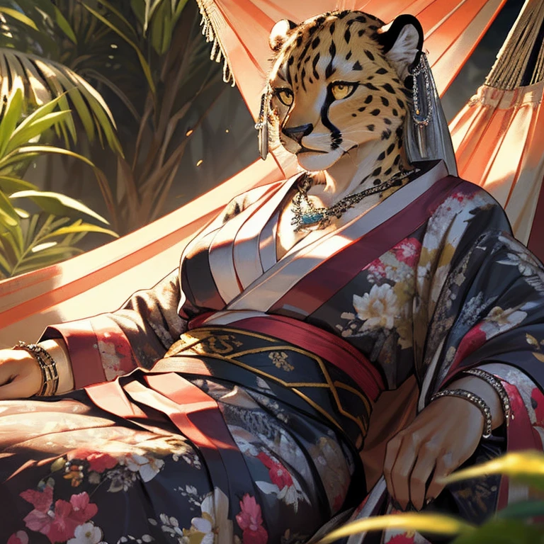 fat female cheetah, hammock, kimono, silver bracelets, silver necklace, silver earrings, detailed face, affectionate expression, detailed eyes, detailed nose, detailed lips, resting cheetah, realistic, photorealistic, ultra-detailed, 8k, best quality, masterpiece, cinematic lighting, dynamic composition, warm color palette, glowing fur, intricate patterns, flowing fabric, no hair