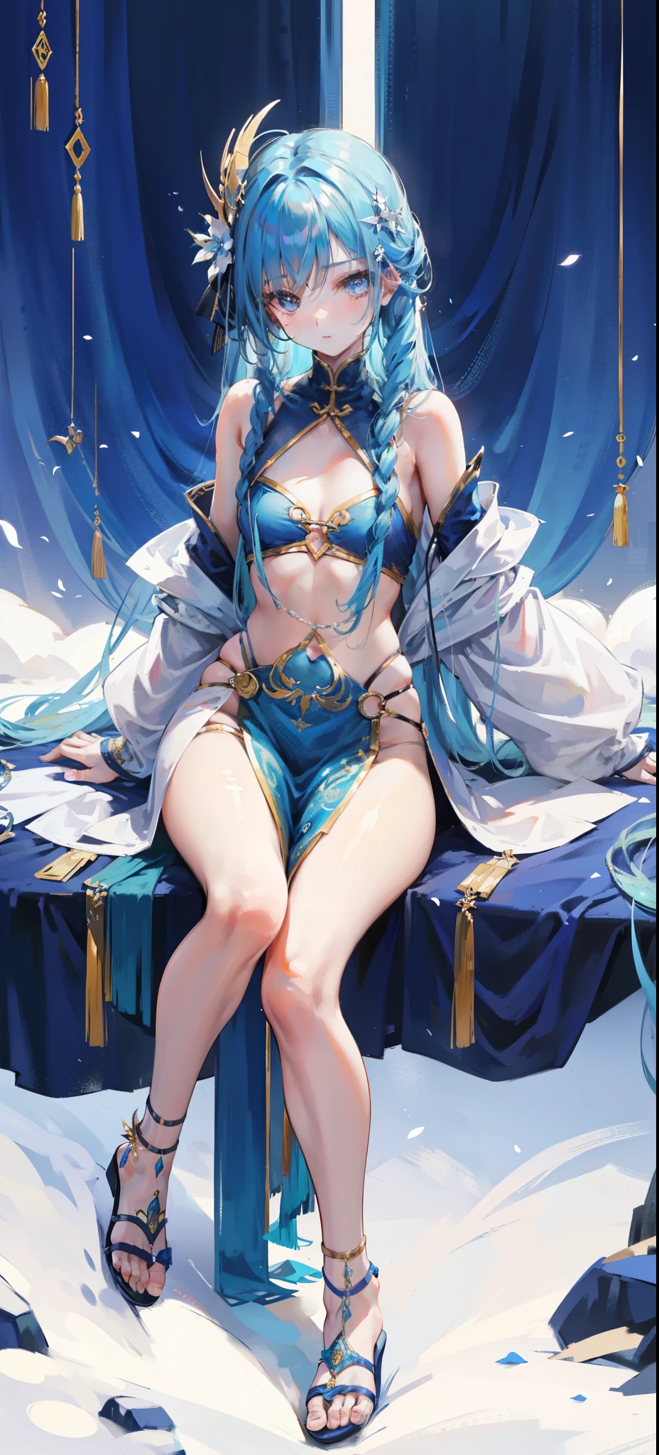 Blue long hair,Scorpion-tailed braids,Put on the clothes of the little dance of Douluo Continent,Is a beautiful and sweet girl Koser,(whole body)
