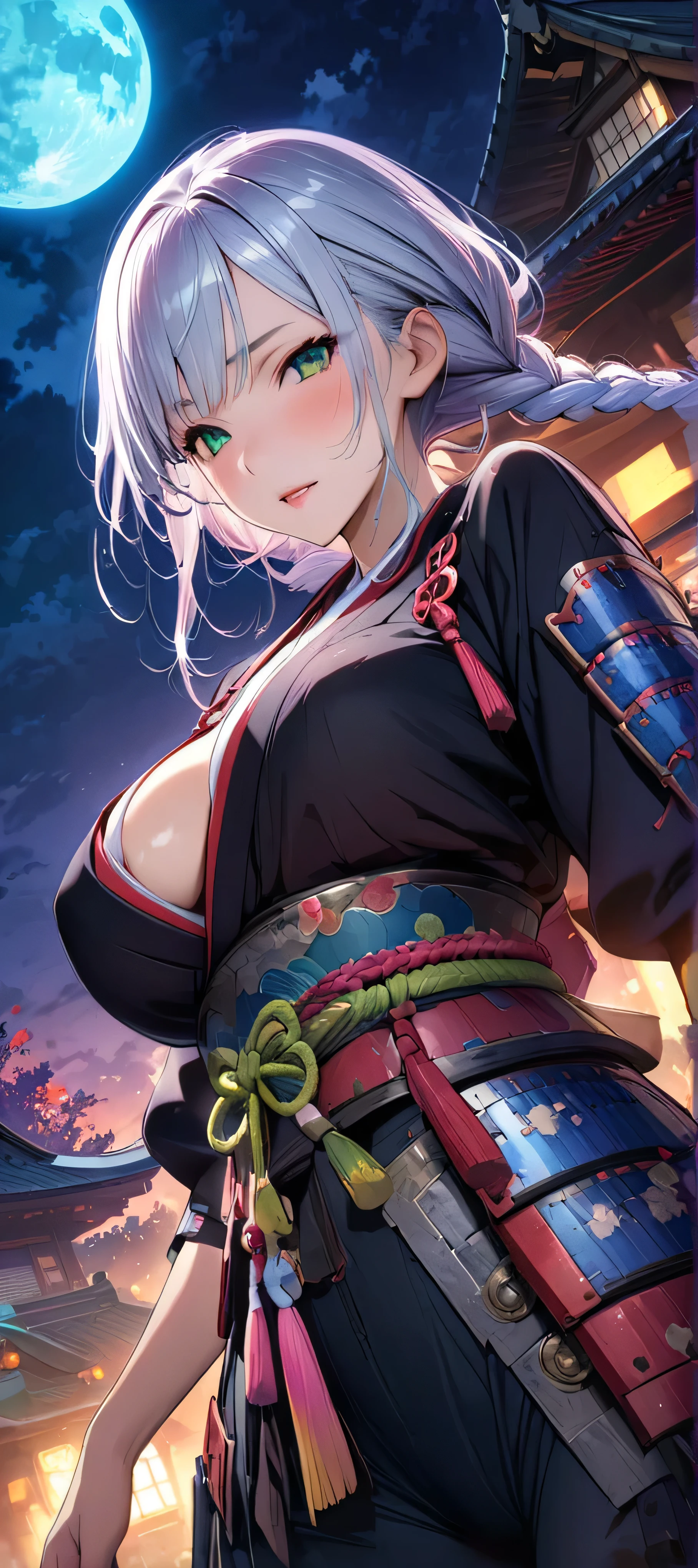 (masutepiece, of the highest quality, Best Quality, Official art, Beautiful and aesthetic:1.2),  Extremely detailed,(Colorful:1.1),highest details, one arafed woman with braids white hair and pink tips  and green eyes, big breast, sfw, japanese armor, night, big blue moon