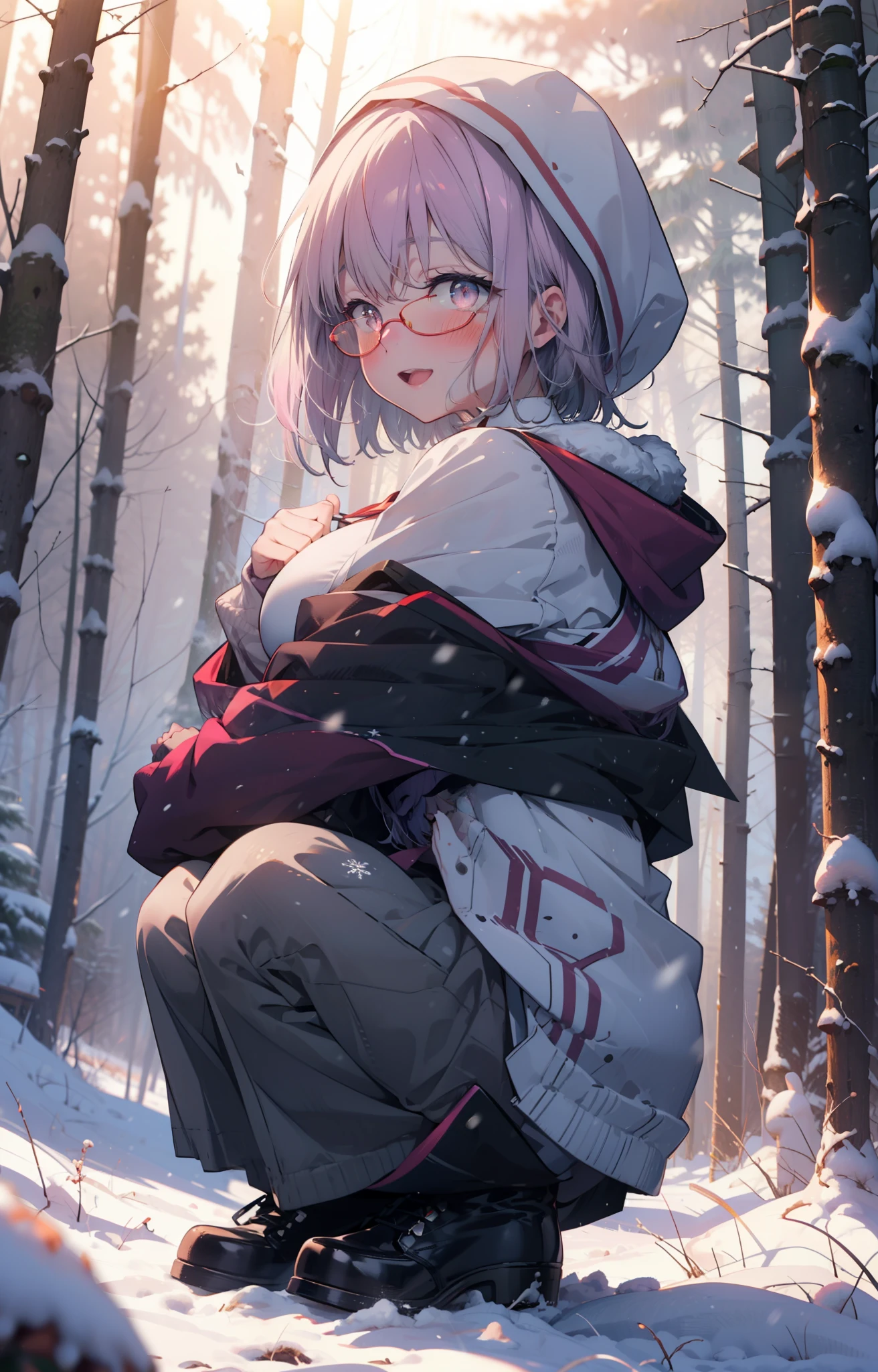 akaneshinjou, shinjou akane, Light purple hair, (Pink Eyes:1.2), short hair,Akagi Glasses,hair band,smile,blush,White Breath,Big Breasts,
Open your mouth,snow,Ground bonfire, Outdoor, boots, snowing, From the side, wood, suitcase, Cape, Blurred, , forest, White handbag, nature,  Squat, Mouth closed, Cape, winter, Written boundary depth, Black shoes, red Cape break looking at viewer, Upper Body, whole body, break Outdoor, forest, nature, break (masterpiece:1.2), highest quality, High resolution, unity 8k wallpaper, (shape:0.8), (Beautiful and beautiful eyes:1.6), Highly detailed face, Perfect lighting, Highly detailed CG, (Perfect hands, Perfect Anatomy),