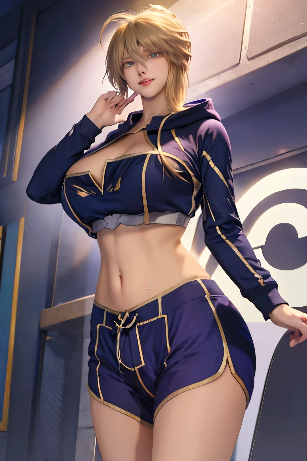 masterpiece, highest quality, Artoria Lancer, Braiding, Huge breasts, Purple hoodie, Sweat pants,Are standing, null, Cityscape,, View Viewer, smile,dolphin shorts